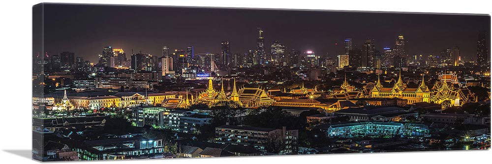 ARTCANVAS Bangkok Skyline at Night - Stretched Framed Canvas Wall Art Print, 36x12 Inches, 0.75