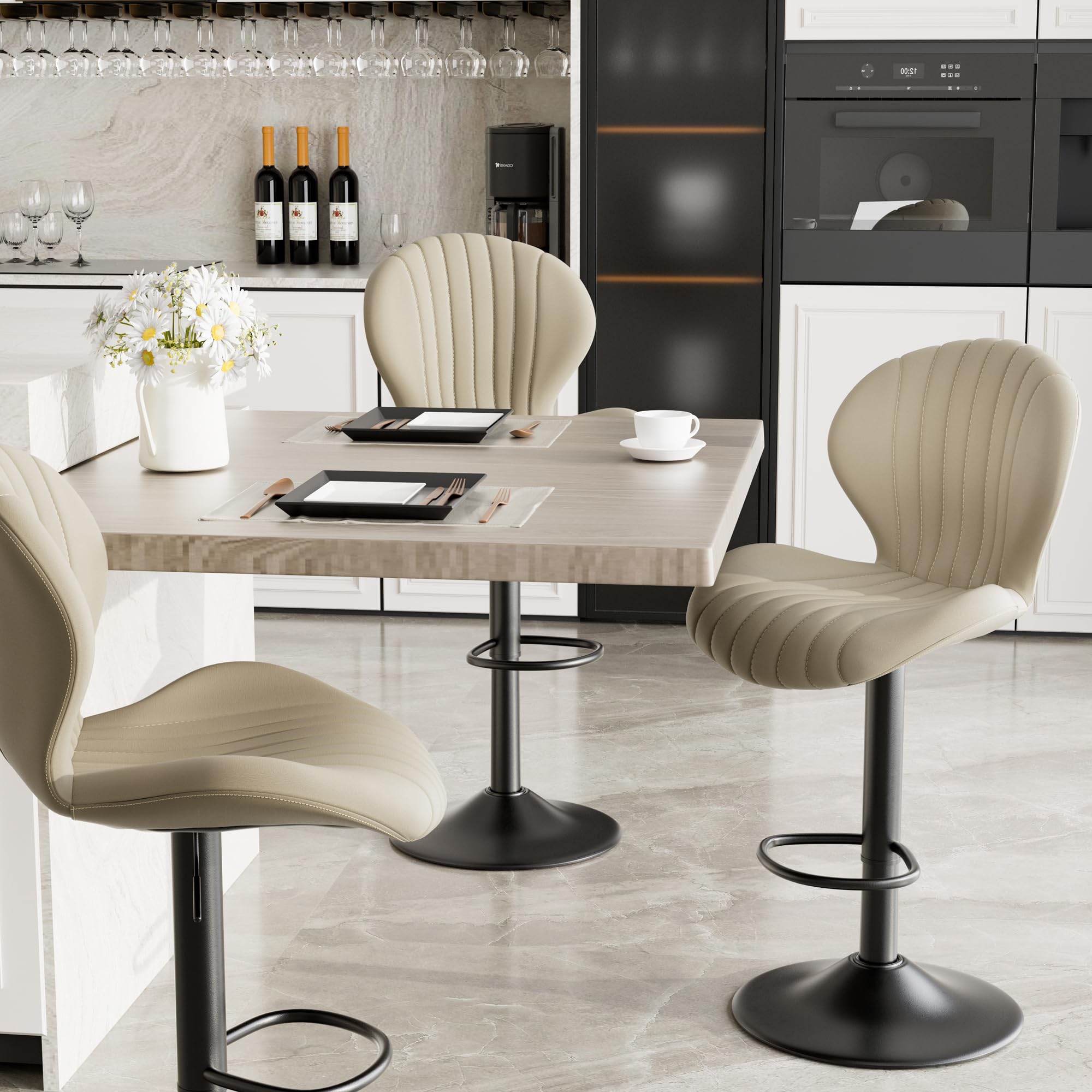 Modern Bar Stools Set of 2 - Adjustable Swivel Counter Height Stools with High Backrest, Beige Kitchen Island Stools for Dining Room, Bar & Home Decor