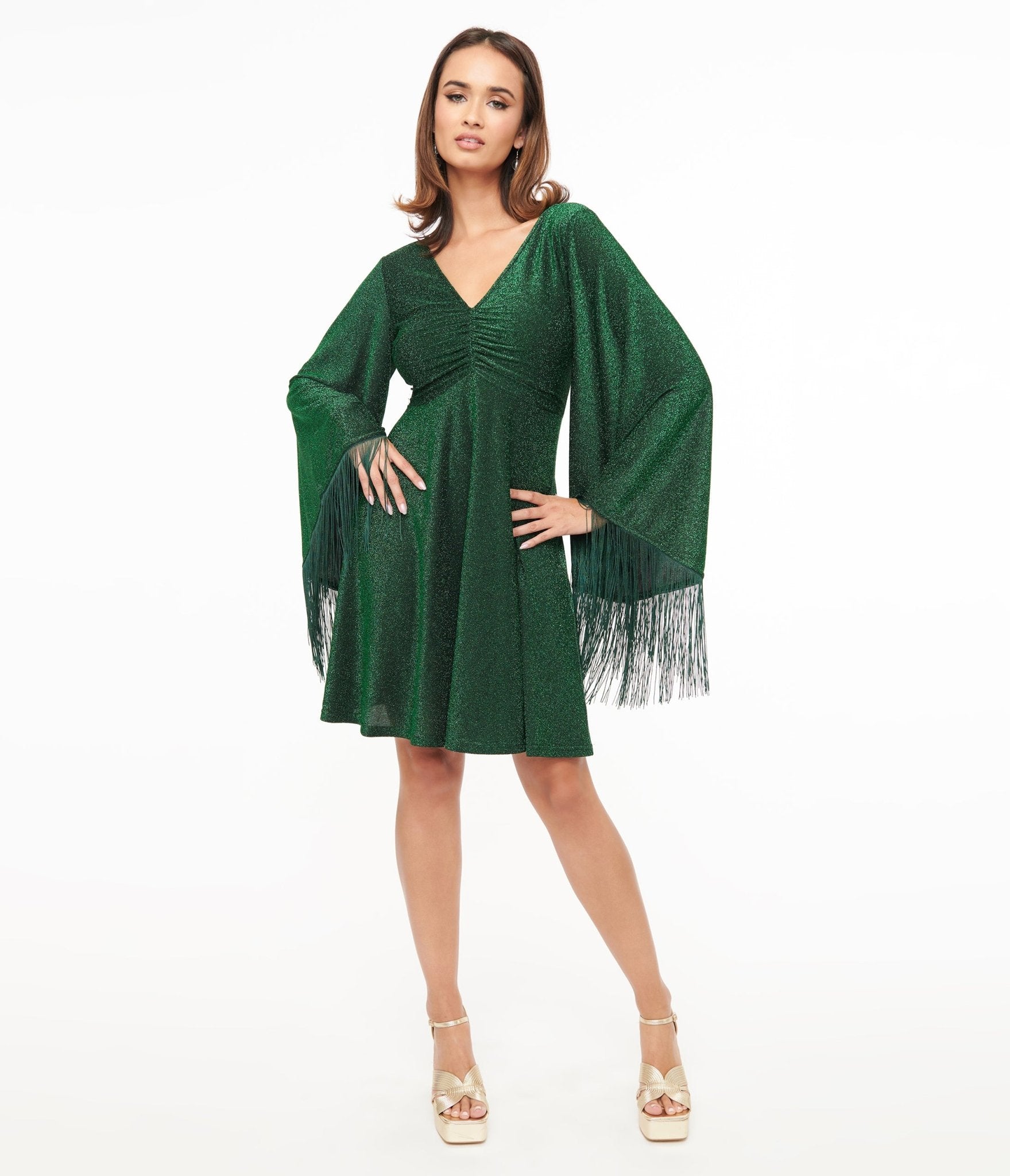 Vintage 1970s Green Sparkle Fringe Bell Sleeve Fit & Flare Dress by Smak Parlour - Retro Party Dress for Women, Perfect for Halloween, Costume Parties & 70s Theme Events
