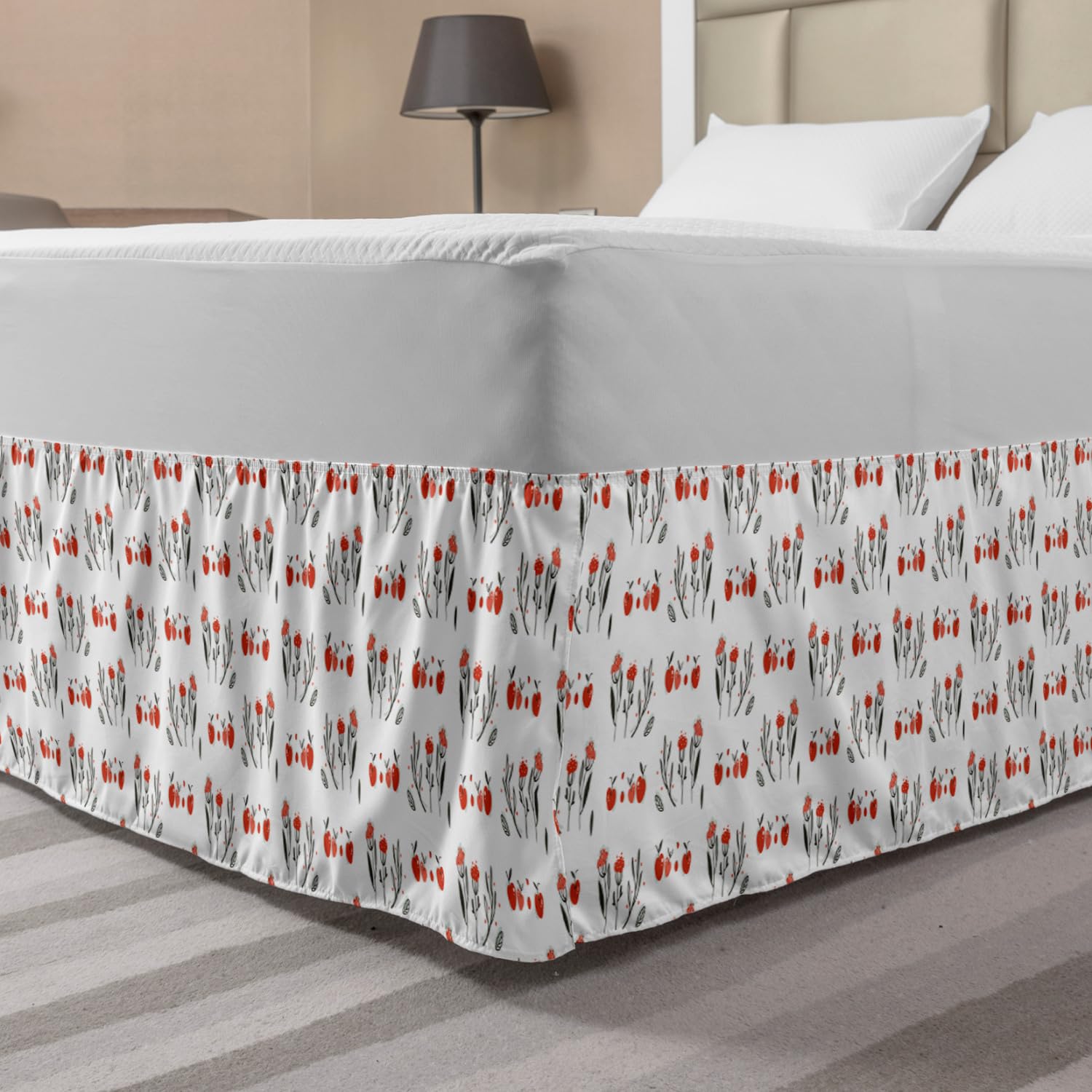 Ambesonne Floral Elastic Bed Skirt - Queen Size White Vermilion with Apples, Flowers, Leaves & Berries Design - Wrap Around Dust Ruffle for Bedroom Decor - Perfect for Home, Guest Room & Hotel Styling