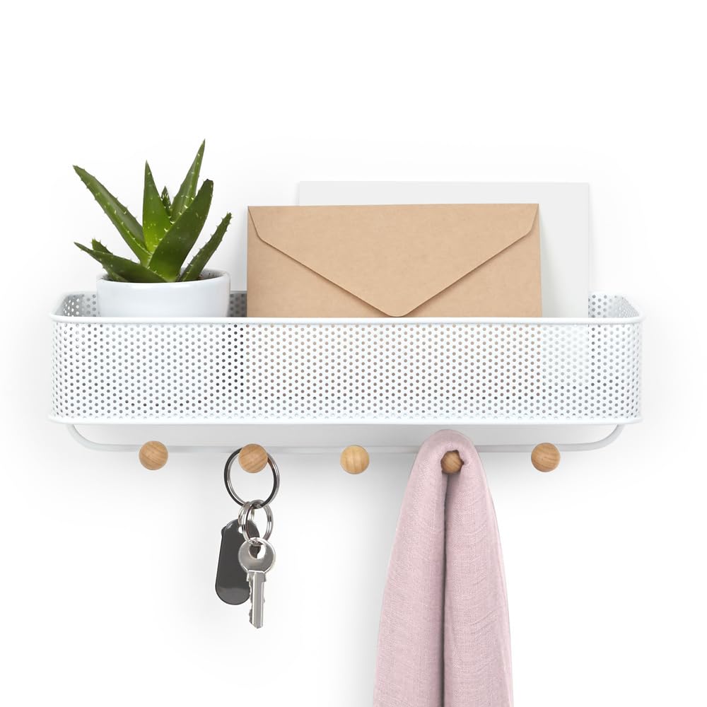 Umbra Estique Small Entryway Organizer - Wall Mounted Shelf with Hooks for Keys, Mail & Accessories | Perfect for Hallway, Foyer & Apartment Organization