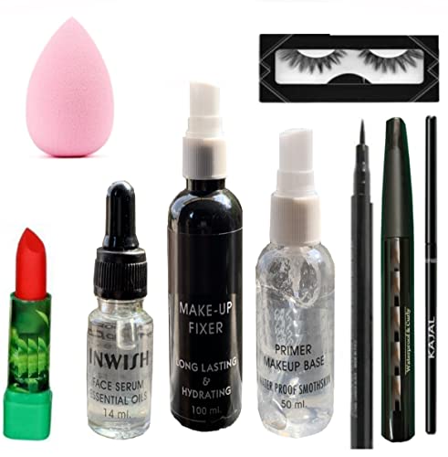9-Piece Makeup Kit Combo Set with Eyelashes, Eyeliner, Mascara, Kajal, Makeup Fixer, Primer, Face Serum, Puff & Lipstick - Perfect for Travel, Bridal & Everyday Glam Makeup