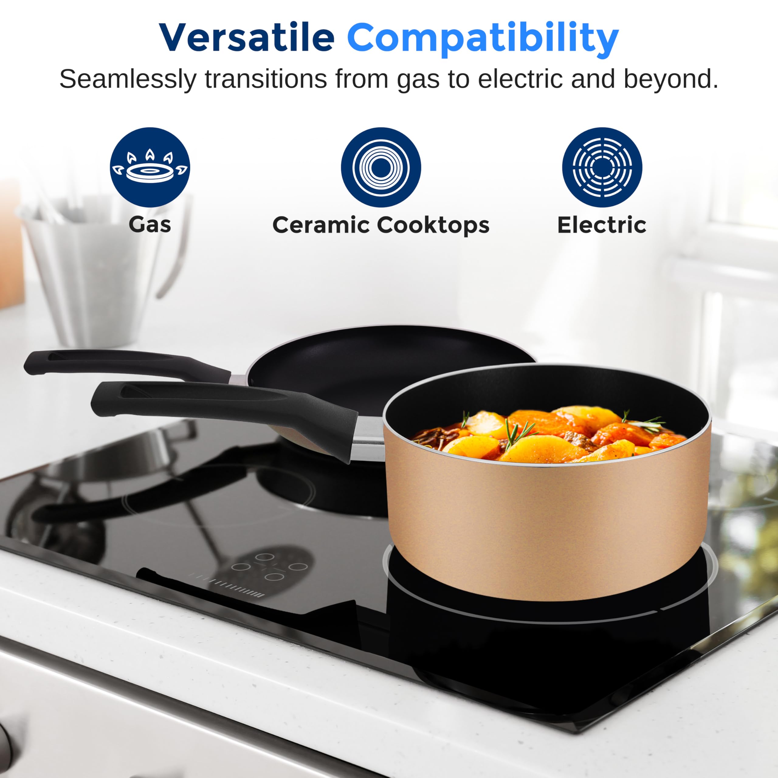 SereneLife 20-Piece Kitchen Cookware Set - Nonstick Pots & Pans with Tempered Glass Lids, Cooking Utensils & Knife Set in Gold for Home & Restaurant Use | Perfect for Frying, Boiling & Meal Prep