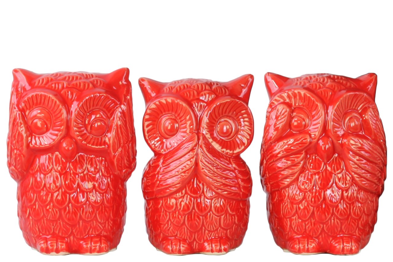 Ceramic See No Evil, Speak No Evil, Hear No Evil Owl Figurine Set of 3 - Glossy Red Finish for Home Decor, Office Desk & Gift Giving