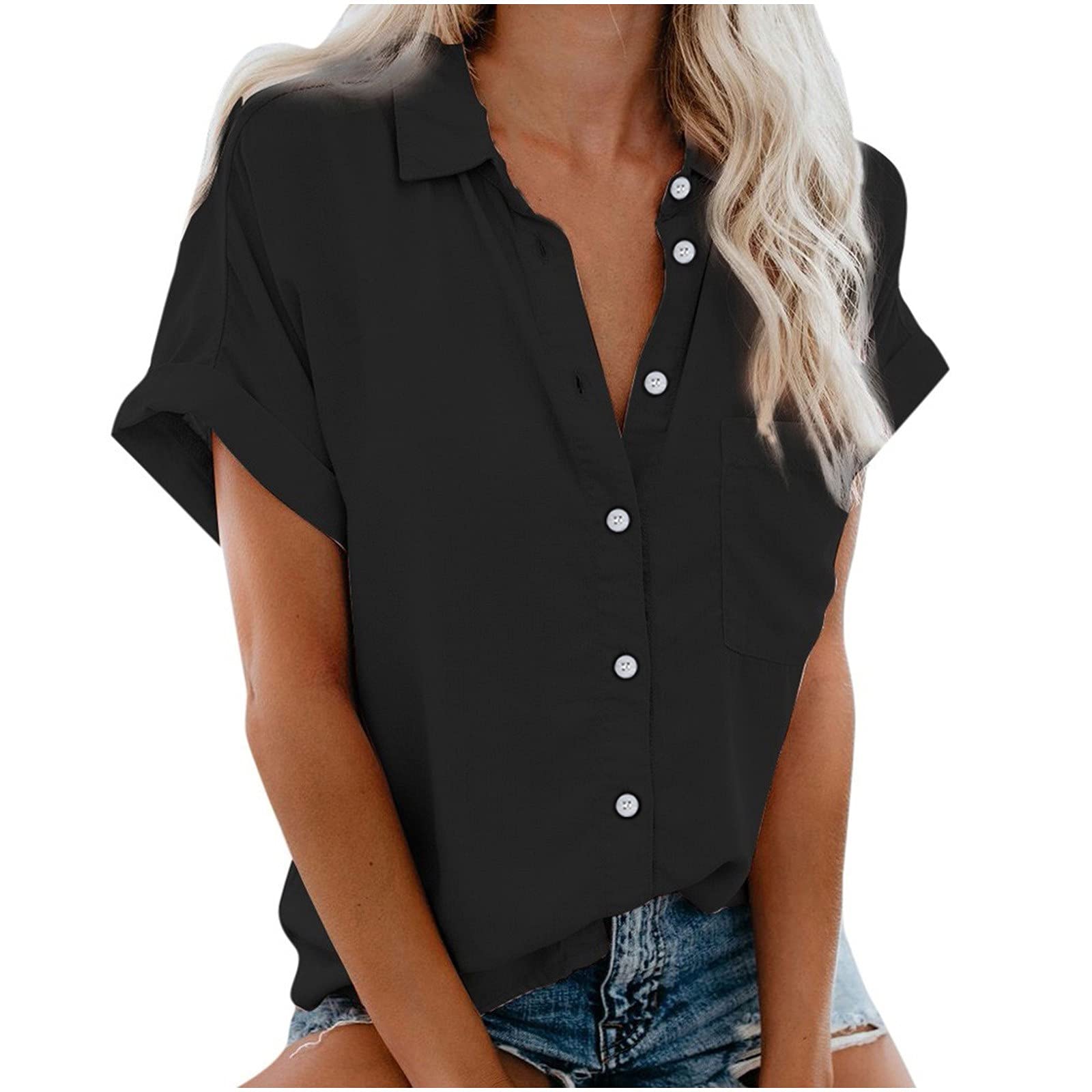 GOKKILRW Women's Short Sleeve Button Down Shirt - Cotton Linen Blend Collared V-Neck Top for Business Casual & Summer Wear | Office, Travel, and Everyday Outfits