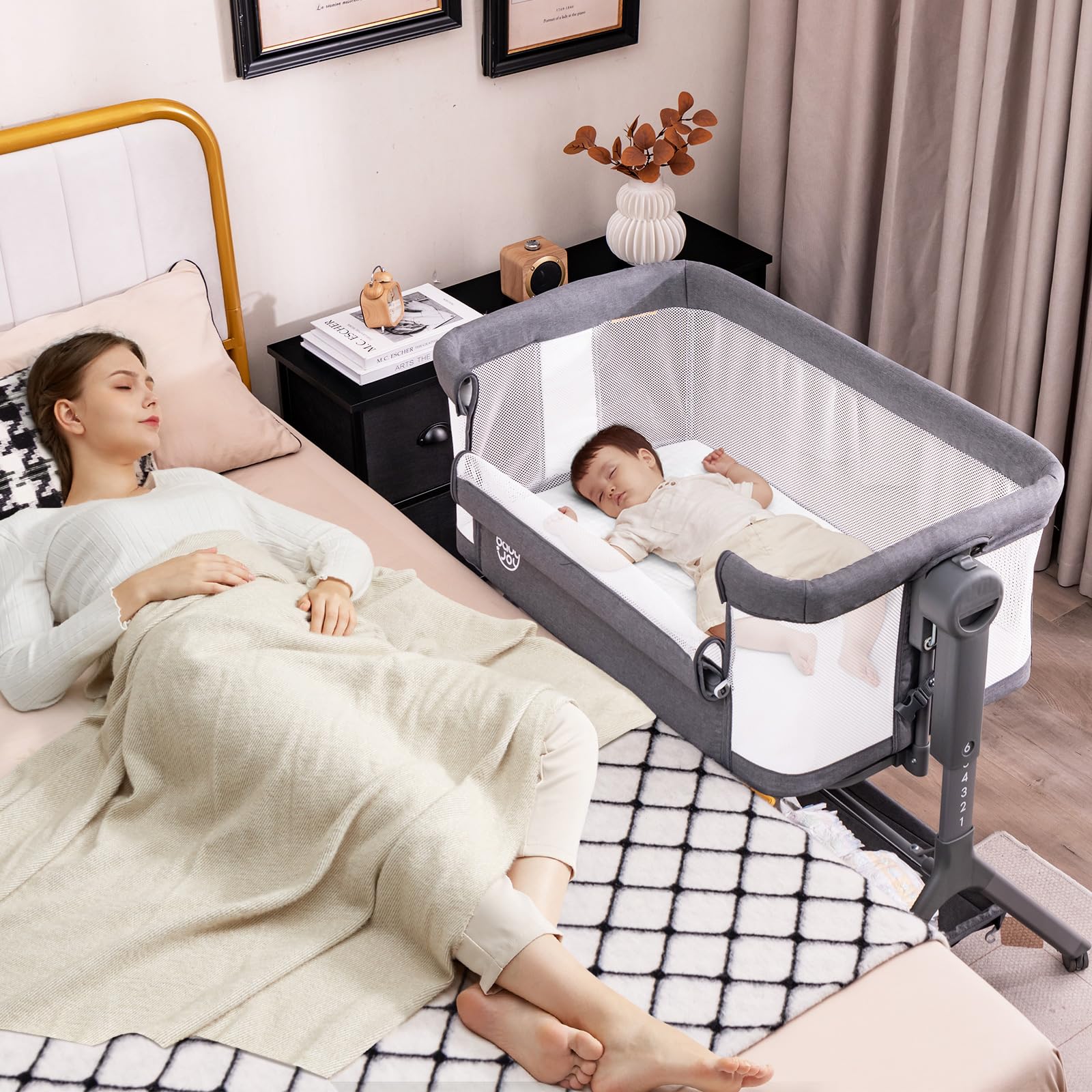 BABY JOY 3-in-1 Rocking Bassinet with Storage Basket - Adjustable Height Baby Bedside Sleeper with Universal Wheels, Mattress, Mesh Net & Portable Carry Bag - Perfect for Nursery, Bedroom & Travel (Gray)