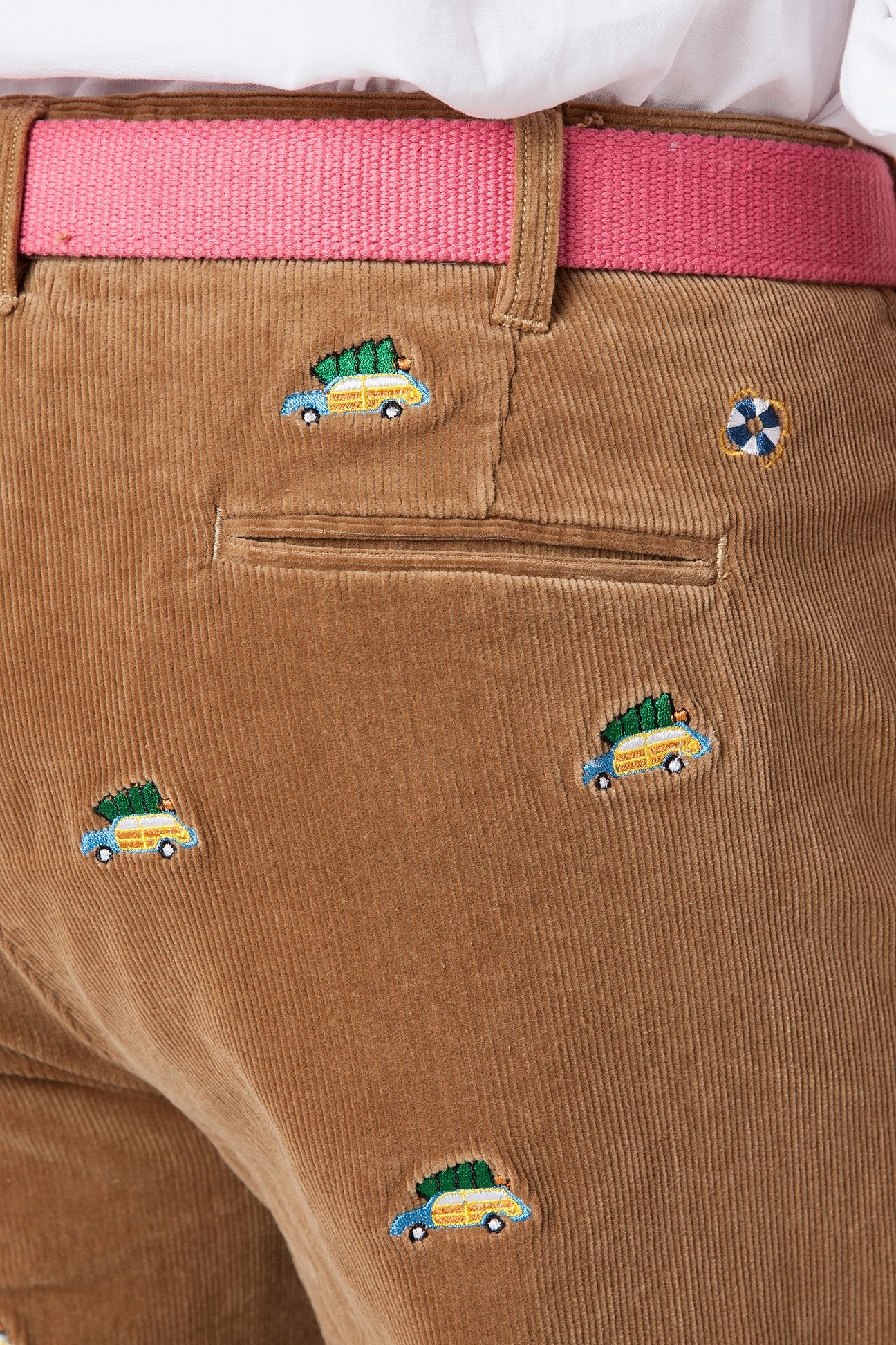 Beachcomber Cord Pants for Men - Khaki Corduroy Trousers with Woody & Christmas Tree Print | Casual Winter Fashion for Holidays & Outdoor Activities