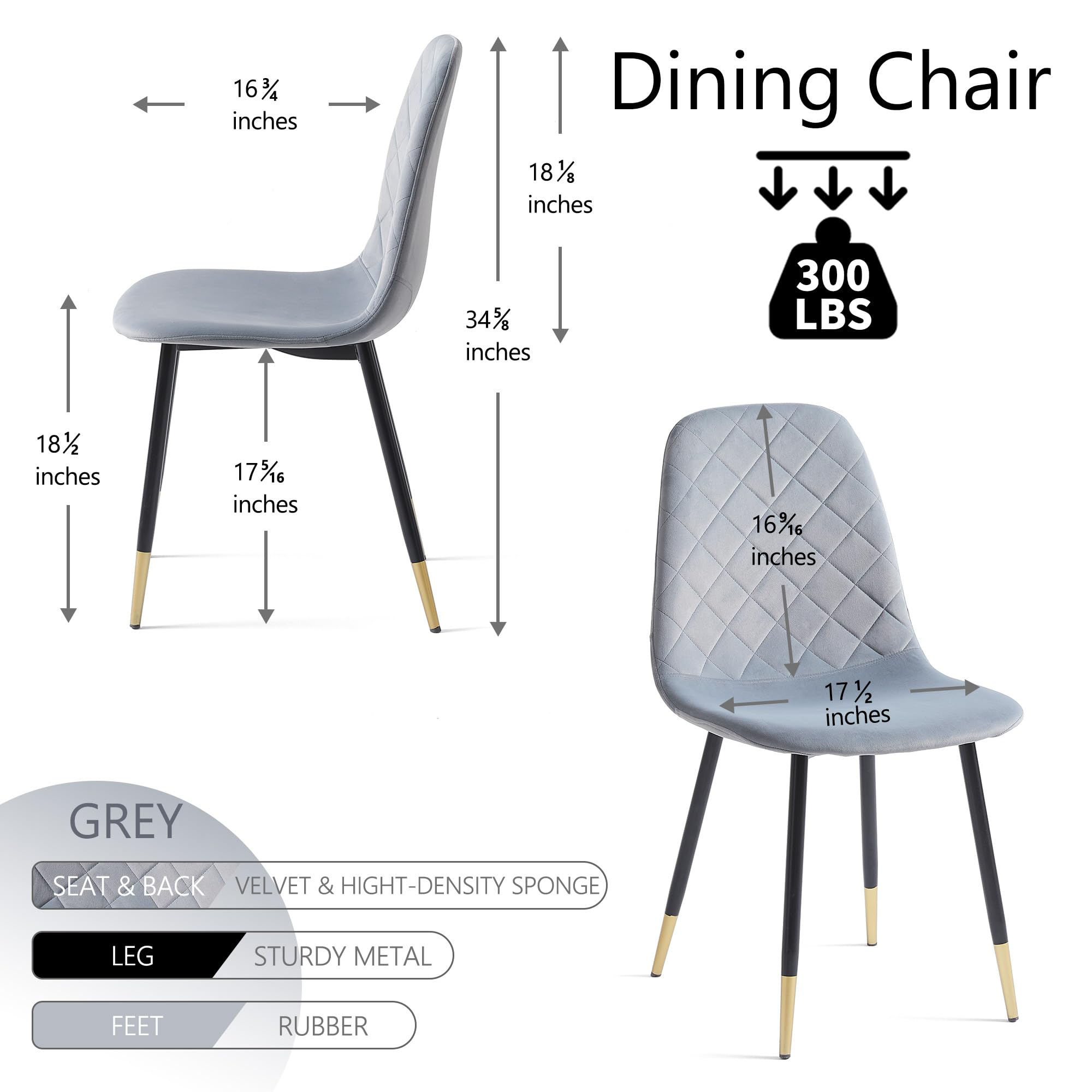Nordicana Velvet Dining Chairs Set of 2 - Modern Upholstered Kitchen Side Chairs with Sturdy Metal Legs in Soft Grey | Perfect for Dining Room, Breakfast Nook & Small Space Decor
