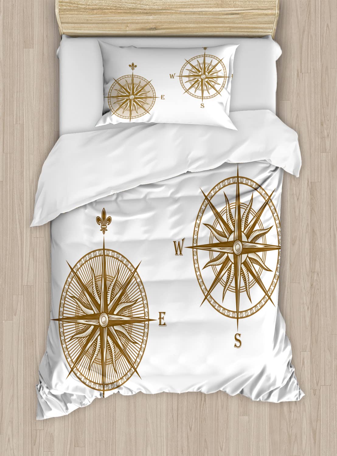 Ambesonne Compass Duvet Cover Set - Nautical Windrose Design for Travel & Sea Life Theme, 2-Pack California King Size Bedding with 2 Duvet Covers & 4 Pillowcases, Brown - Perfect for Coastal Bedrooms, Nautical Decor & Adventure-Themed Spaces