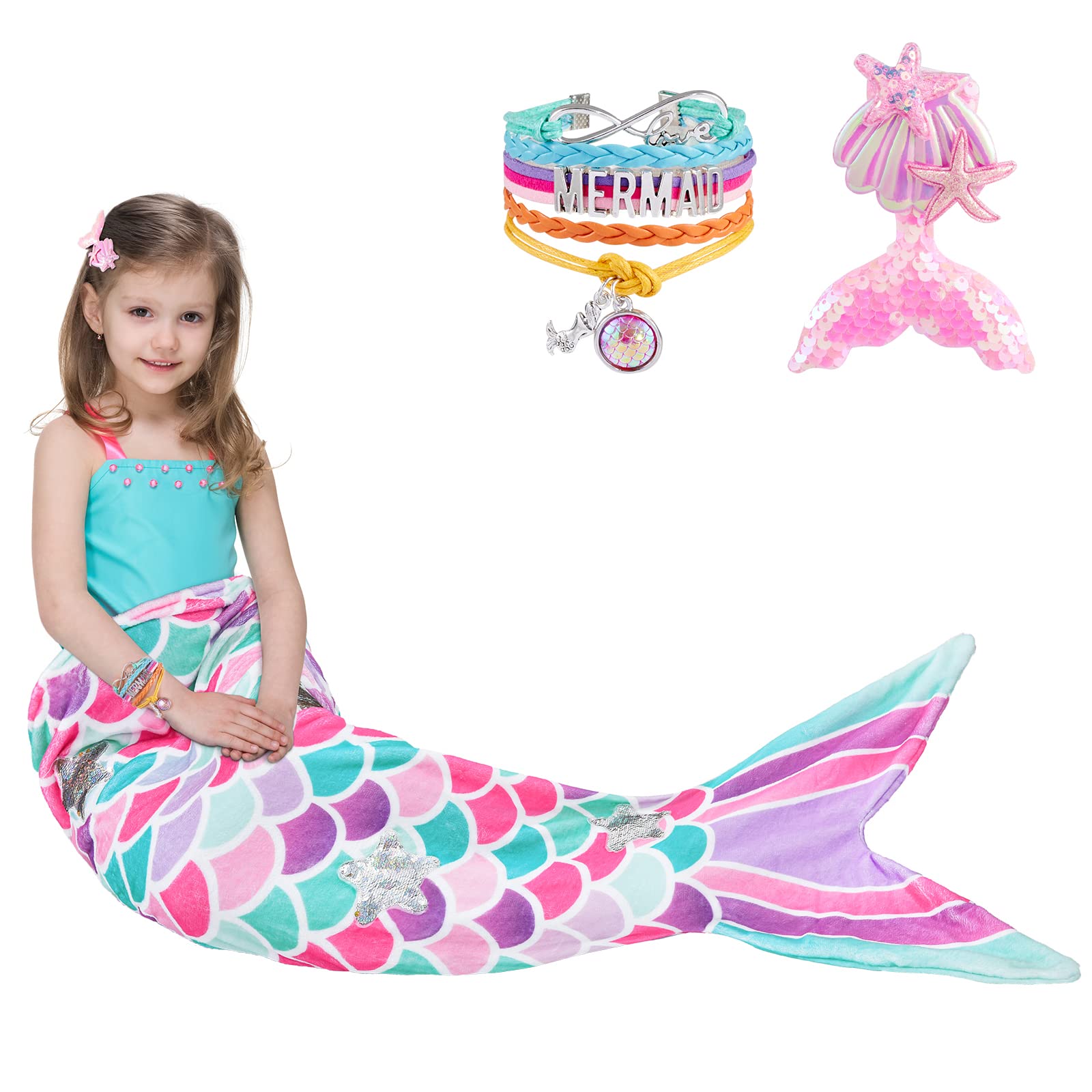 Mermaid Tail Blanket for Girls - Soft Flannel Wearable Blanket with Glitter Stars & Sequin Hairpin Bracelet, 55