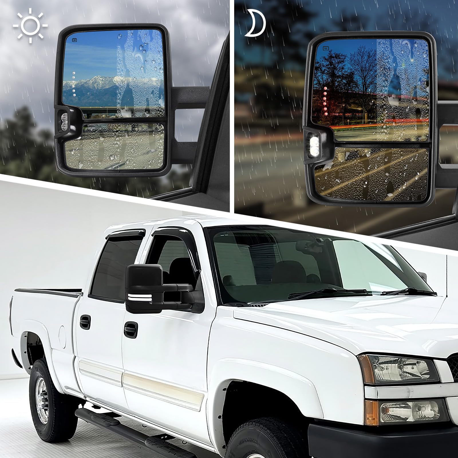 Switchback Towing Mirrors for 2003-2007 Chevy Silverado & GMC Sierra - Power Adjustable Heated Glass with Running Lights, Turn Signals & Backup Lamps (Black) | Enhanced Visibility for Towing & Night Driving