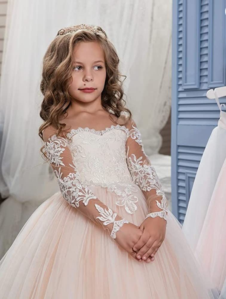 First Communion Dress for Girls - Elegant Lace Embroidery Flower Girl Pageant Gown with Long Sleeves & Train - Perfect for Baptism, Christening, Birthday Party & Special Occasions