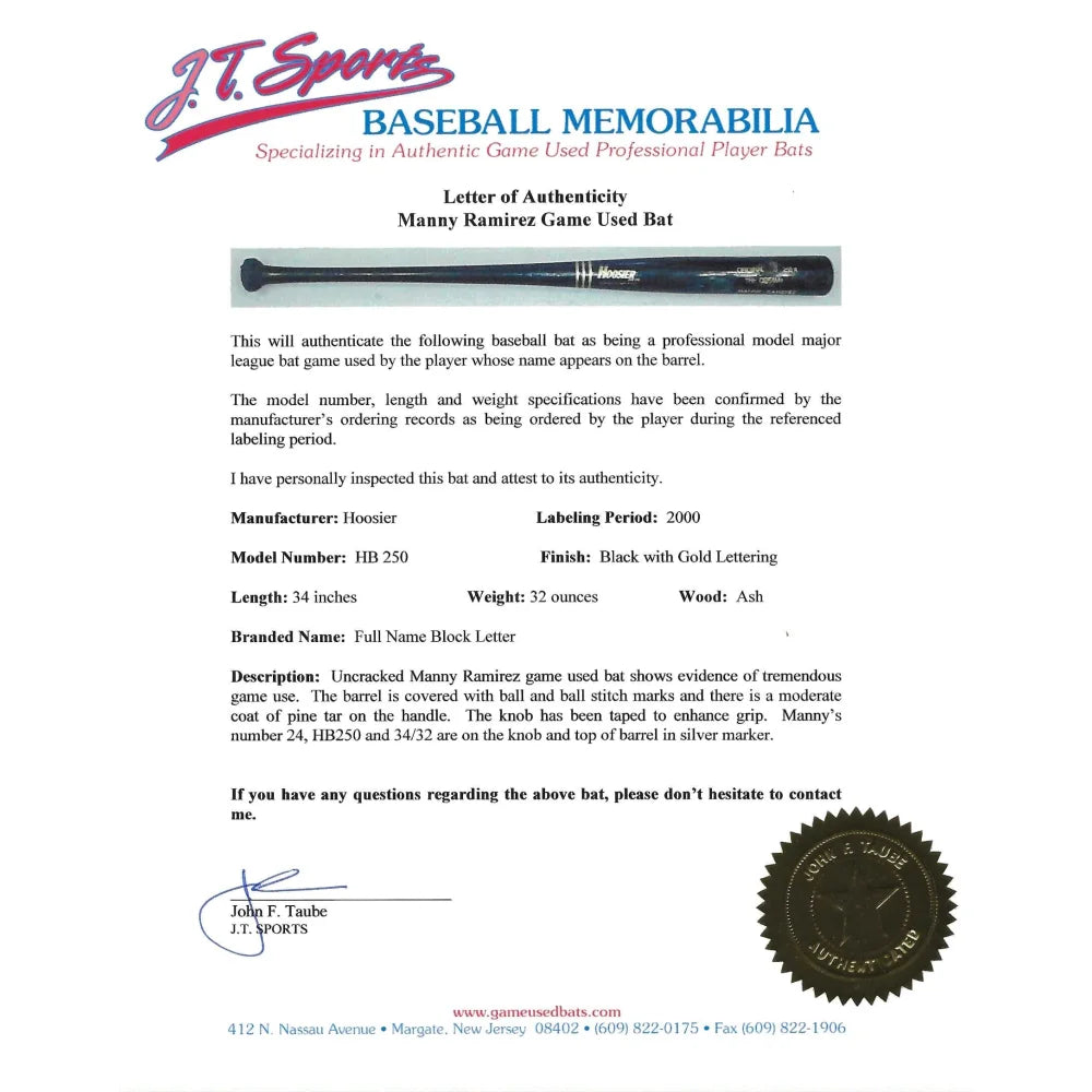 Authentic Manny Ramirez Game Used Baseball Bat - Cleveland Indians Memorabilia with JT Sports COA - Perfect for Sports Collectors & Fans, Home Decor, Man Cave Display