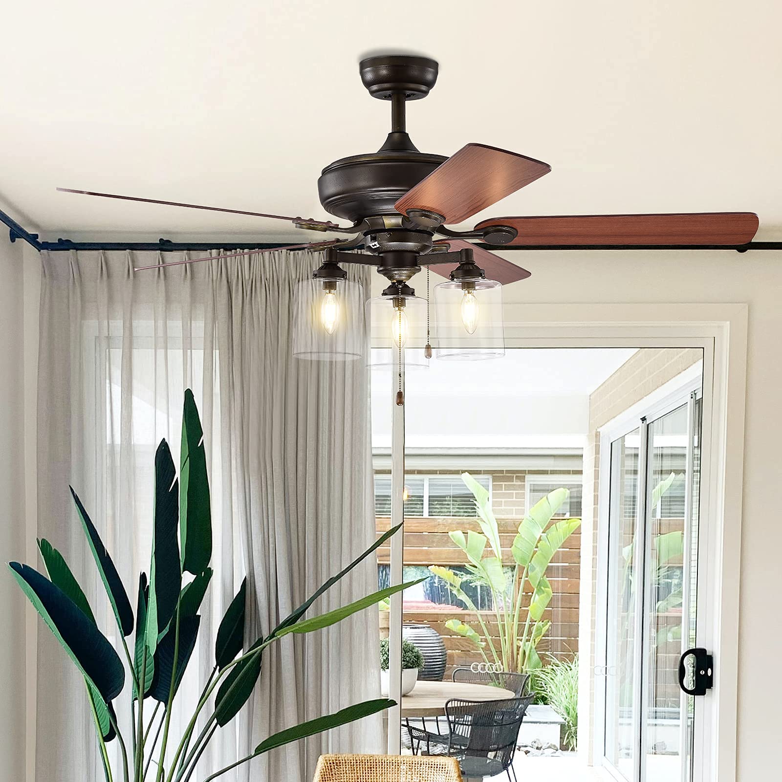 52 Inch Tangkula Industrial Ceiling Fan with Lights - 3-Speed Reversible Motor, 5 Blades & 3 Clear Glass Lights, ETL Certified Bronze Finish - Perfect for Living Room, Bedroom, and Patio Cooling