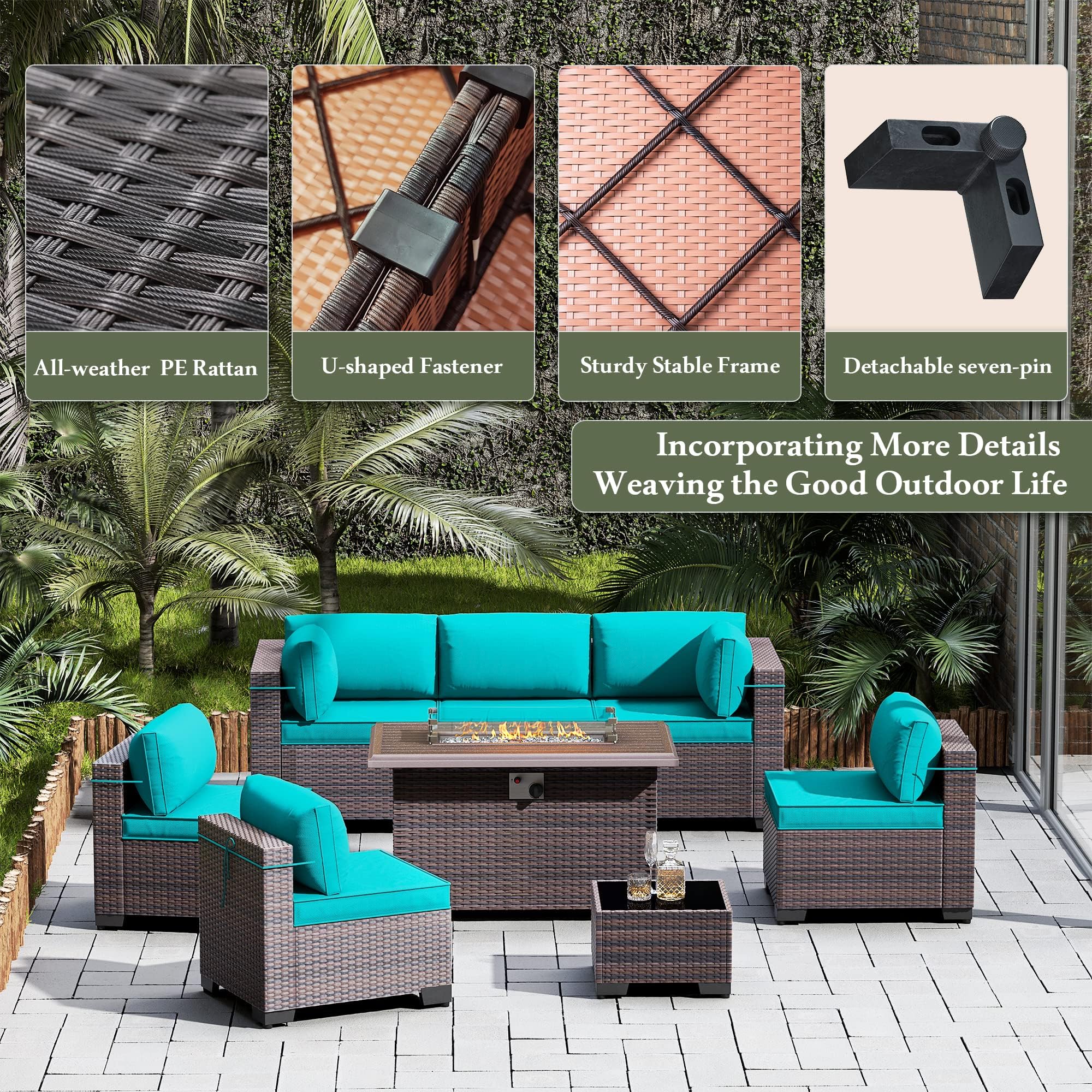 15-Piece Outdoor Patio Furniture Set with ETL-Approved Propane Fire Pit Table & Coffee Table - Blue Sectional Sofa Conversation Set for Backyard, Garden, Poolside & Deck Relaxation