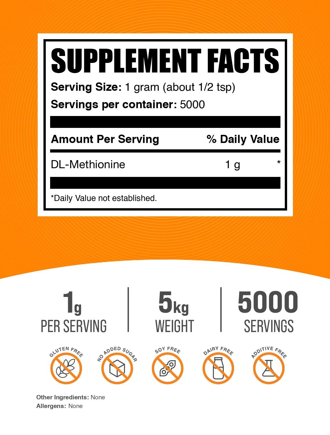 BulkSupplements.com DL-Methionine Powder 5kg (11 lbs) - Pure Amino Acid Supplement for Liver Health, Detox & Muscle Growth - Vegan & Non-GMO Methionine Nutritional Powder for Pets & Livestock Feed