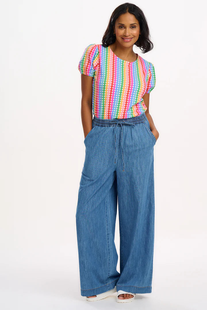 Lexley Jersey Top for Women - Colorful Rainbow Circles Print, Comfortable Stretch Fabric, Casual & Trendy T-Shirt - Perfect for Summer Outfits, Beach Trips, and Everyday Wear