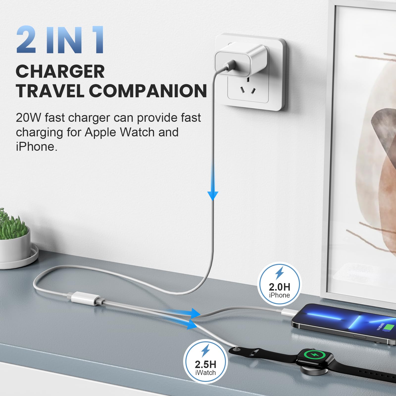 Apple MFi Certified 2-in-1 USB C Fast Charger for iPhone & Apple Watch - 6FT Wireless Charging Cable with 20W Wall Adapter - Compatible with Apple Watch Series 8/7/6/5/SE & iPhone 14/13/12 (2-Pack) - Perfect for Travel, Office & Home Charging