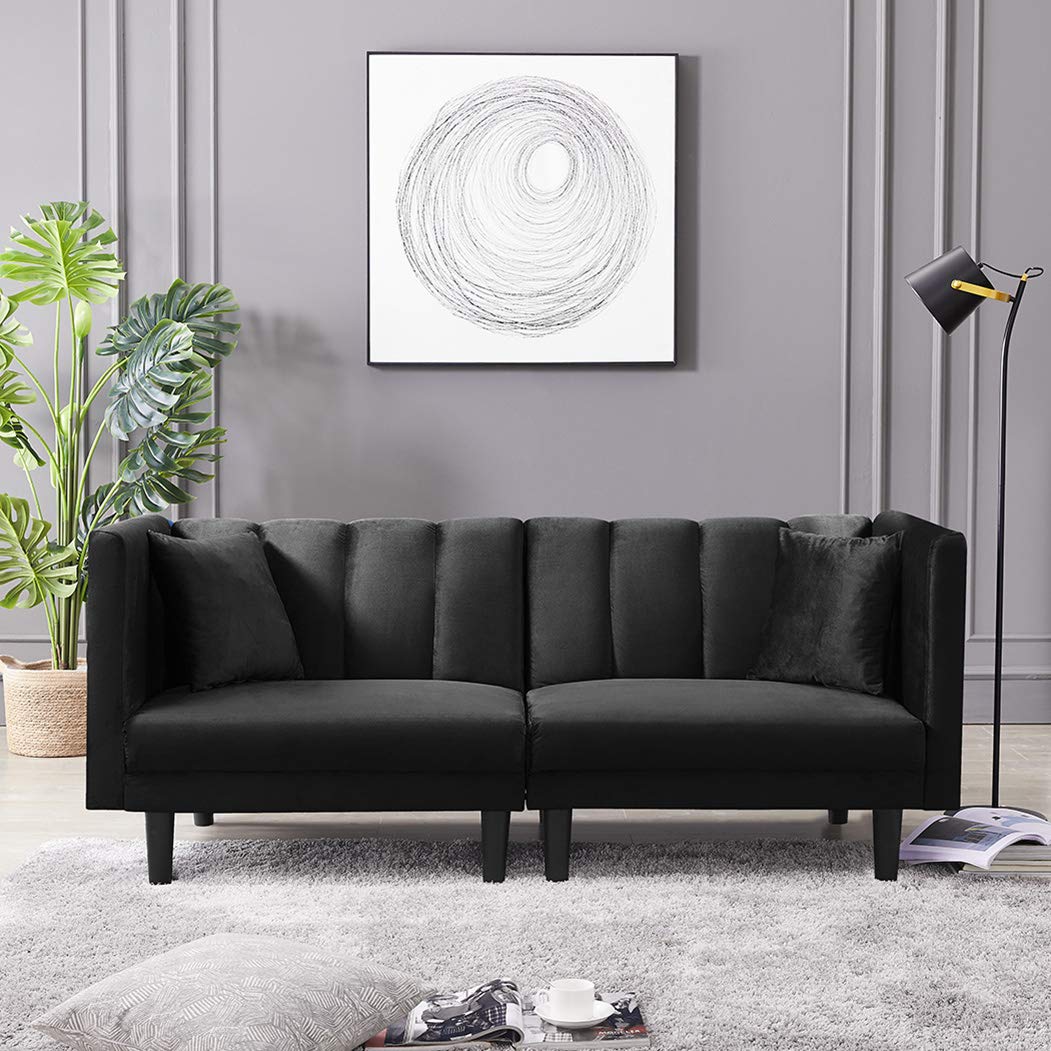 SLEERWAY Velvet Futon Sofa Bed with 2 Pillows - 3-Position Adjustable Modern Sleeper Sofa - Convertible Small Loveseat for Living Room, Apartment, Dorm - Soft Black Velvet Fabric - Perfect for Guest Bed, Lounge & Small Spaces