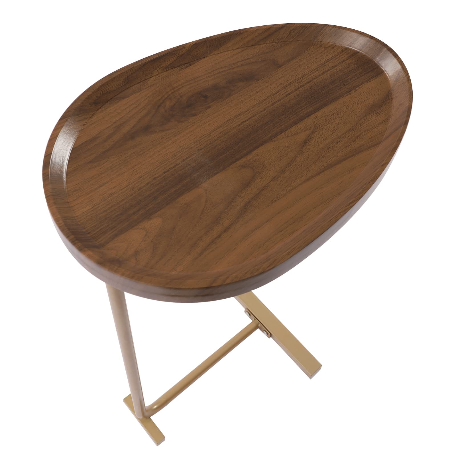 C-Shaped End Table with Gold & Walnut Finish - Freestanding Coffee Couch Desk for Laptop, Bedroom, Living Room & Office - Compact Side Table for Small Spaces, Sofa Snacking & Workspace Convenience