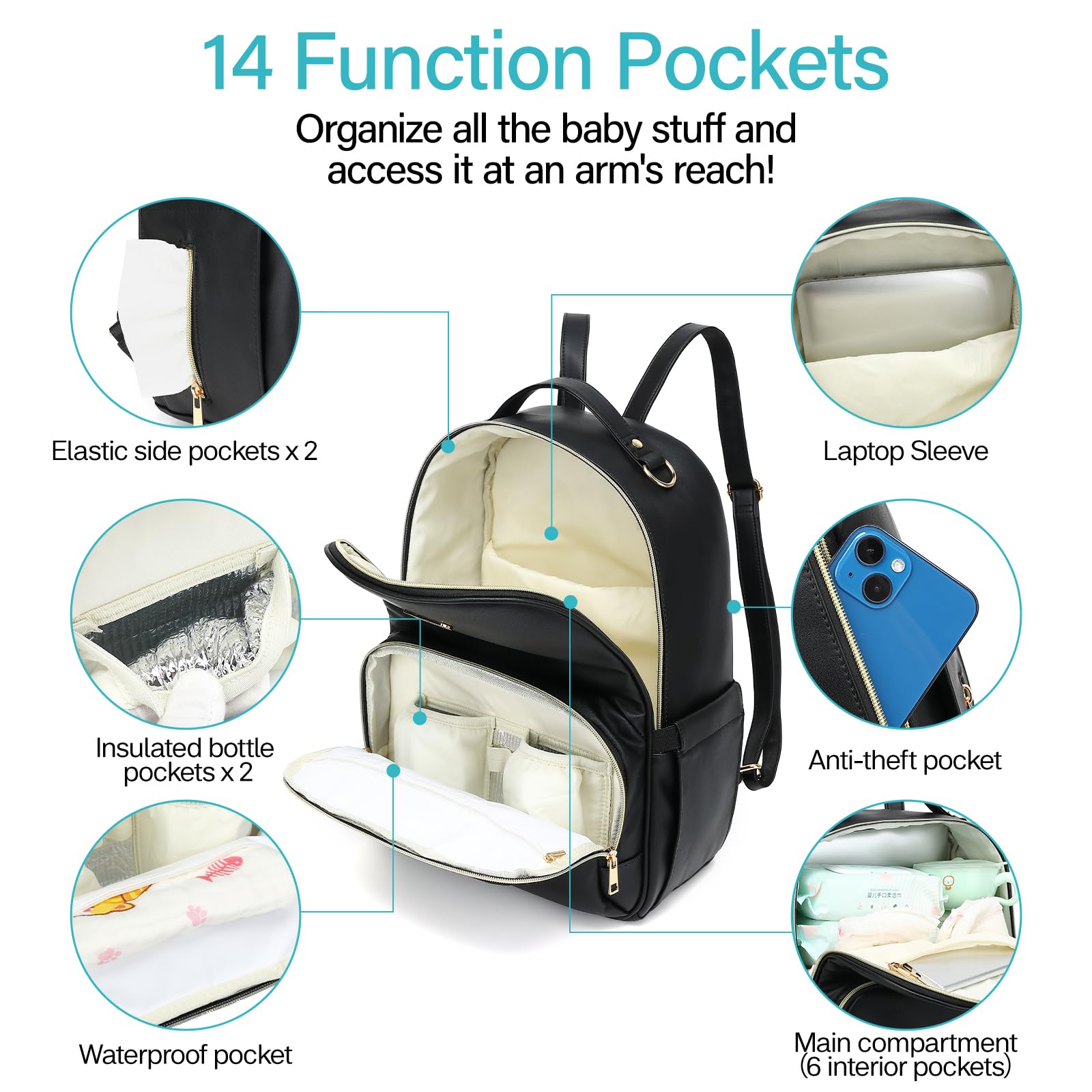 Beaulyn Leather Diaper Bag Backpack for Women - Large Waterproof Baby Bag with 14 Pockets & Changing Pad - Stylish Travel Backpack for Moms | Perfect for Daycare, Travel & Daily Use with Baby