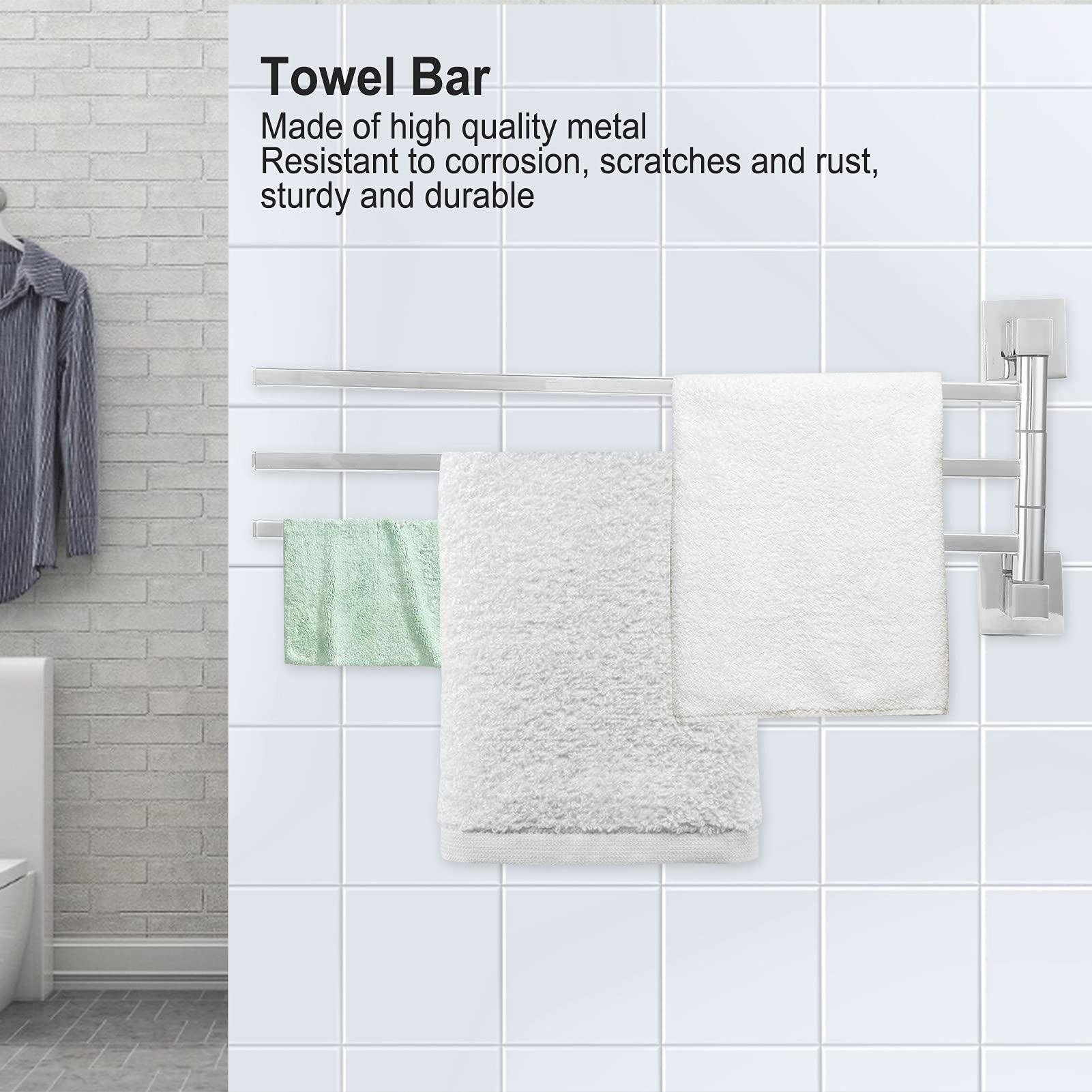 Stainless Steel 180° Rotatable Towel Rack - Chrome Plated Bath Towel Bar with 3 Rods for Bathroom, Shower & Spa - Heavy Duty Bathrobe Hanger Holder for Home & Hotel Use