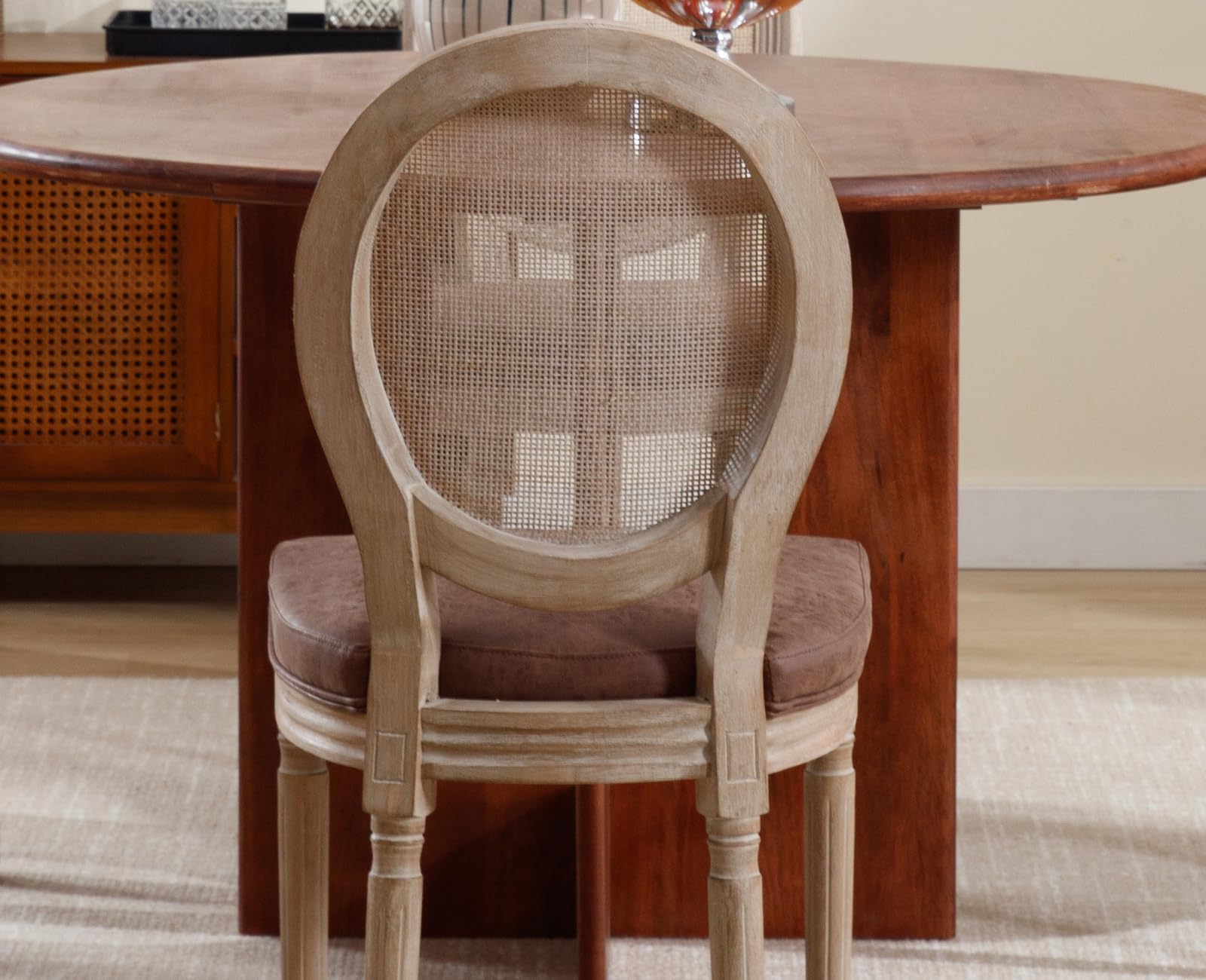 Farmhouse Rattan Dining Chairs Set of 2, Brown Leather French Country Style Round Back Side Chairs for Kitchen, Restaurant, Dining Room & Living Room - Perfect for Indoor Dining, Entertaining Guests & Home Decor