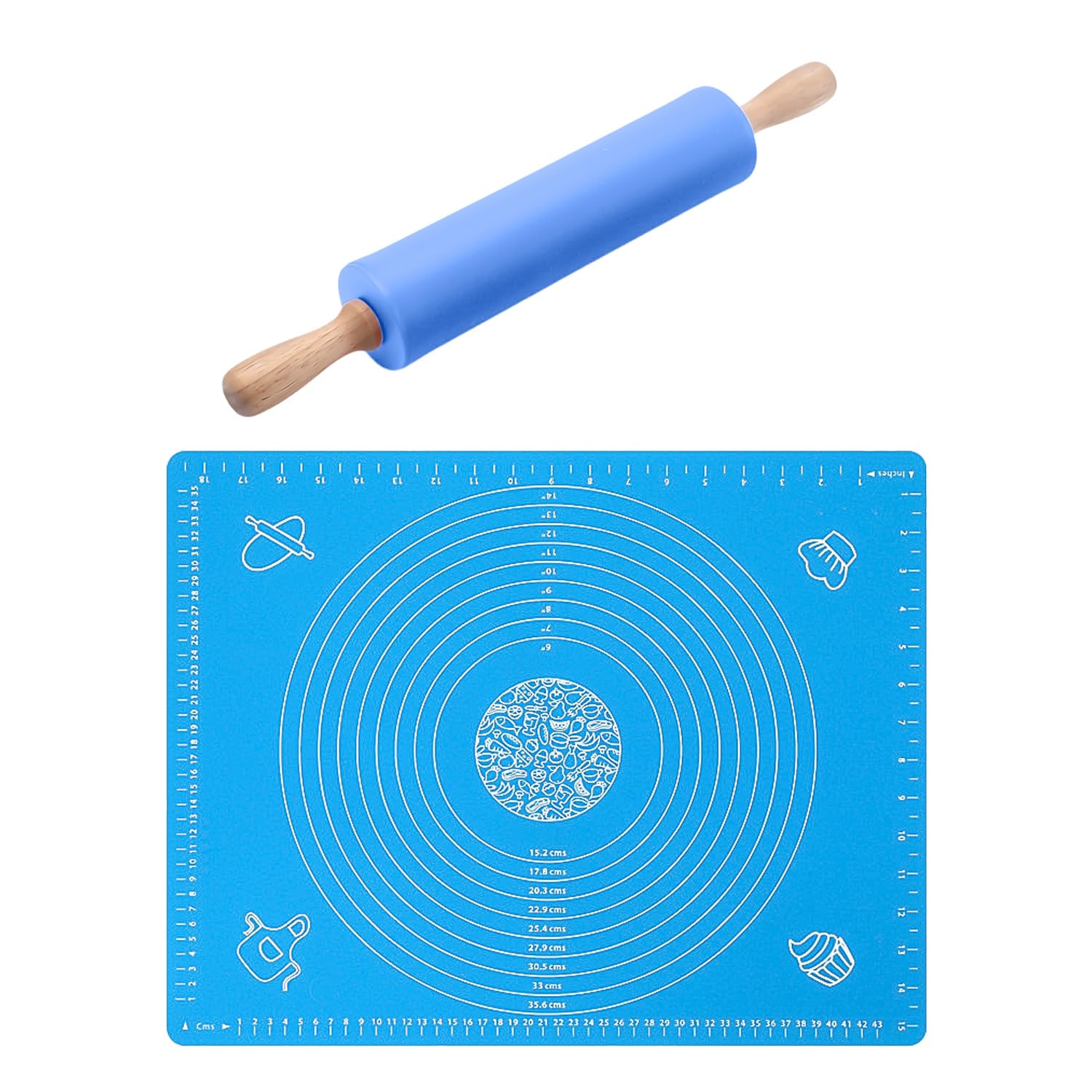 1 Non-Stick Rolling Pin for Baking, 1 Silicone Mat, Wooden Rolling Pin, Silicone Rolling Pin, Dough Roller - Perfect for Cookies, Pastry, and Pie Crusts (Blue)