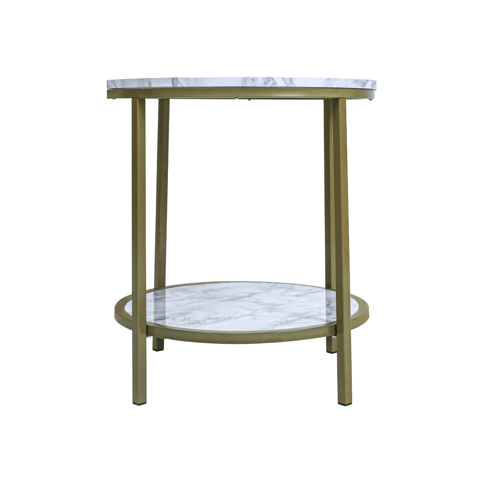 2-Tier Faux Marble Side Table - Modern Round End Table with Metal Legs, Accent Coffee Storage Shelf for Living Room, Bedroom & Dining Room - 17.7