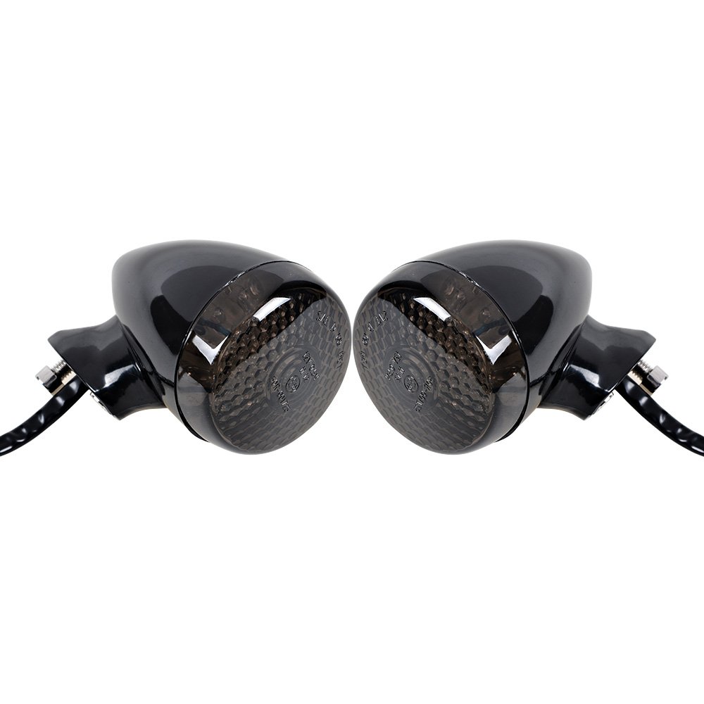 2pcs Black LED Motorcycle Turn Signals with Smoke Lens - Mini Bullet Blinkers Compatible with Honda, Suzuki, Kawasaki, Yamaha & Harley - Perfect for Night Riding and Custom Bike Builds