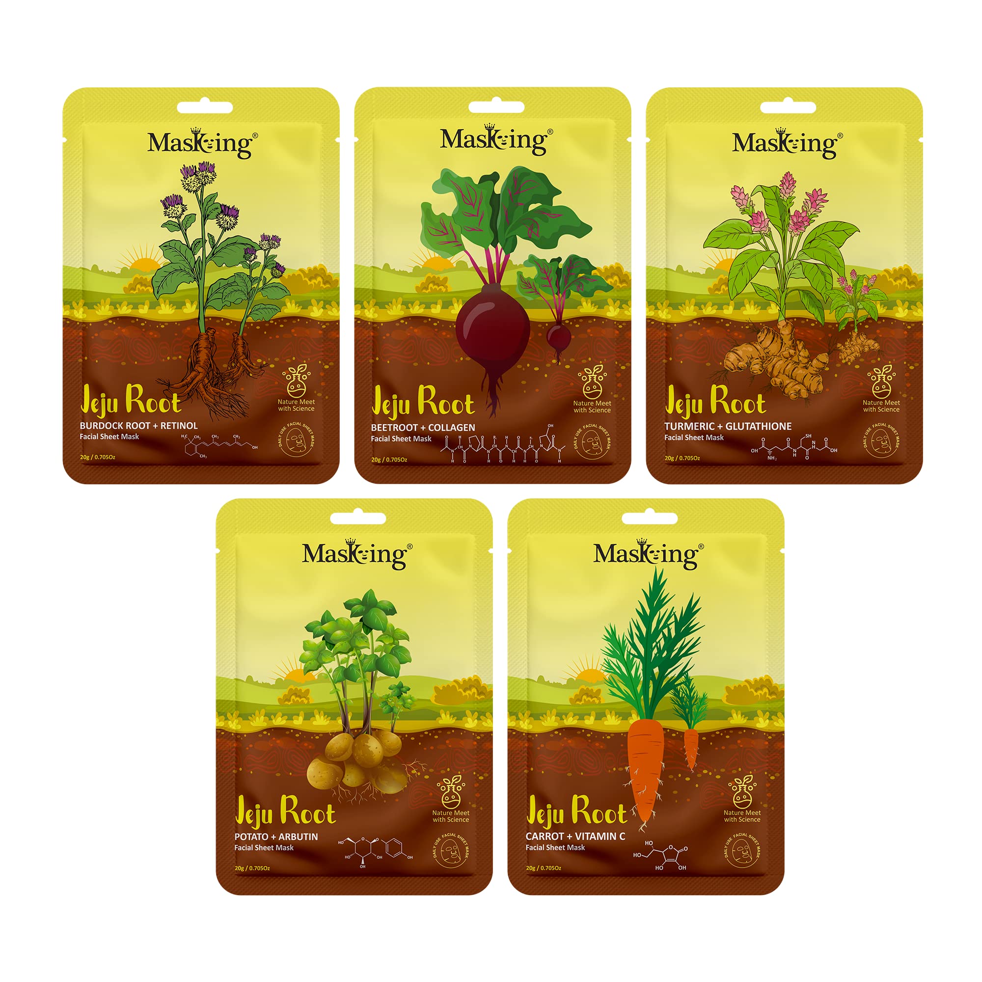 Jeju Root Brightening Face Mask for Glowing Skin - Hydrating & Lightening Sheet Mask for Women & Men - Pack of 5 - Perfect for Daily Skincare & Spa Nights