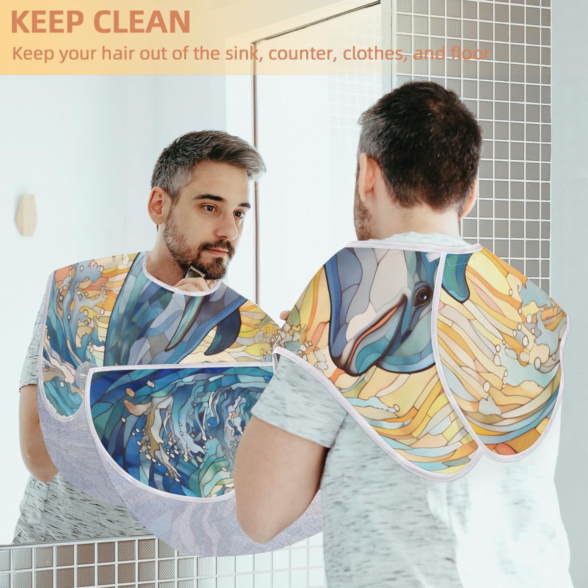 **Dolphin Glass Window Beard Shaving Bib for Men & Women – Waterproof Hair Dye Apron, Makeup Cape, Barber Accessories – Sink Hair Catcher for Trimming, Lineup & Grooming – Perfect Gift for Barbers & Stylists**    *(Ideal for home grooming, salon use, beard trimming, hair dyeing, makeup application, and sink cleanup.)*