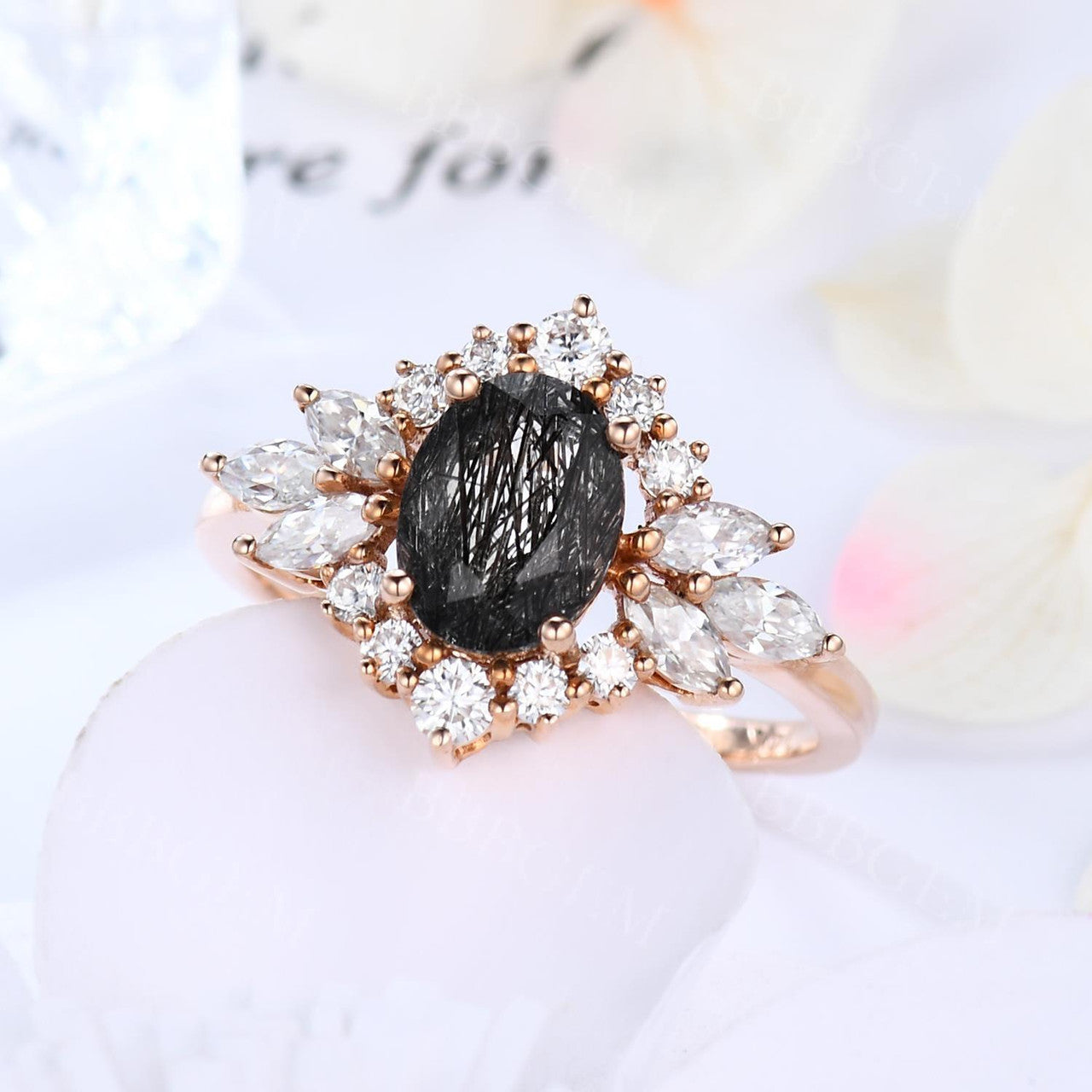 Oval Cut Black Rutilated Quartz Engagement Ring with Marquise Moissanite Halo - Elegant Wedding Band for Proposals, Anniversaries & Special Occasions