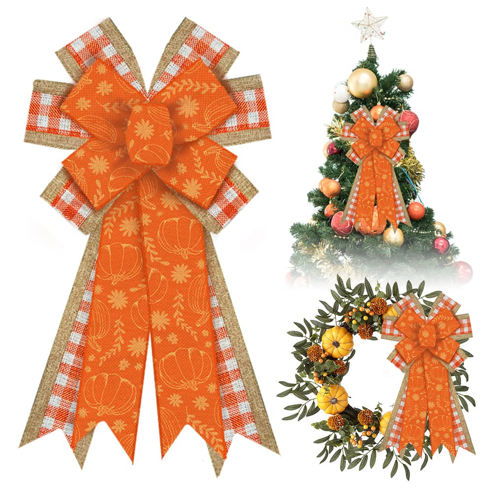 Large Fall Bows for Wreaths - Thanksgiving Pumpkin Wreath Decorations, Natural Burlap Bows in Orange & White Buffalo Plaid - Autumn Tree Topper & Front Door Decor for Fall & Thanksgiving Day Celebrations | Perfect for Seasonal Home Decor, Harvest Parties, and Festive Front Porch Displays