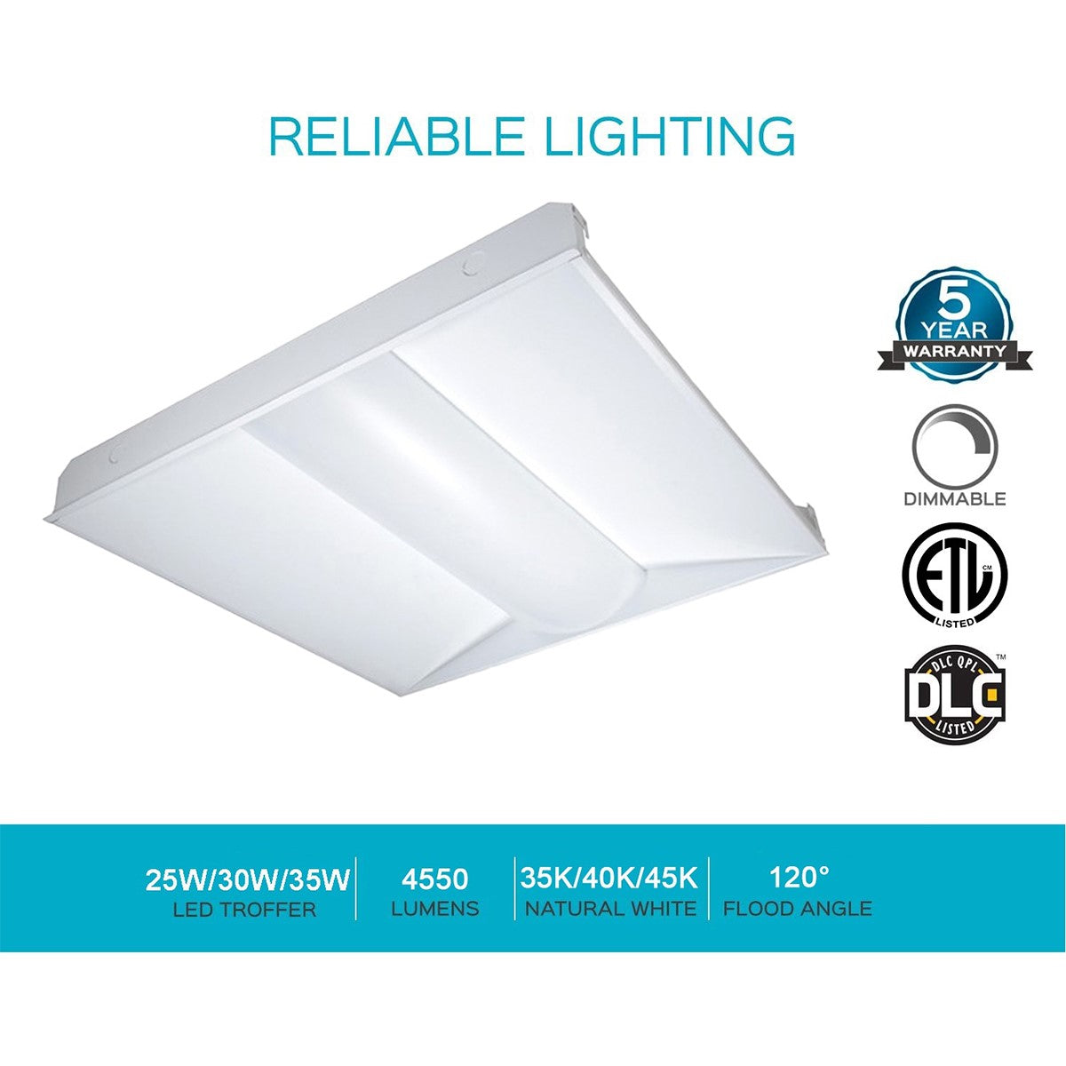 2x2 LED Troffer Light Fixture - 4400 Lumens, 20W/40W Equivalent, 3000K/3500K/4000K/5000K CCT, 120V-277V - Perfect for Office, Classroom, and Commercial Lighting
