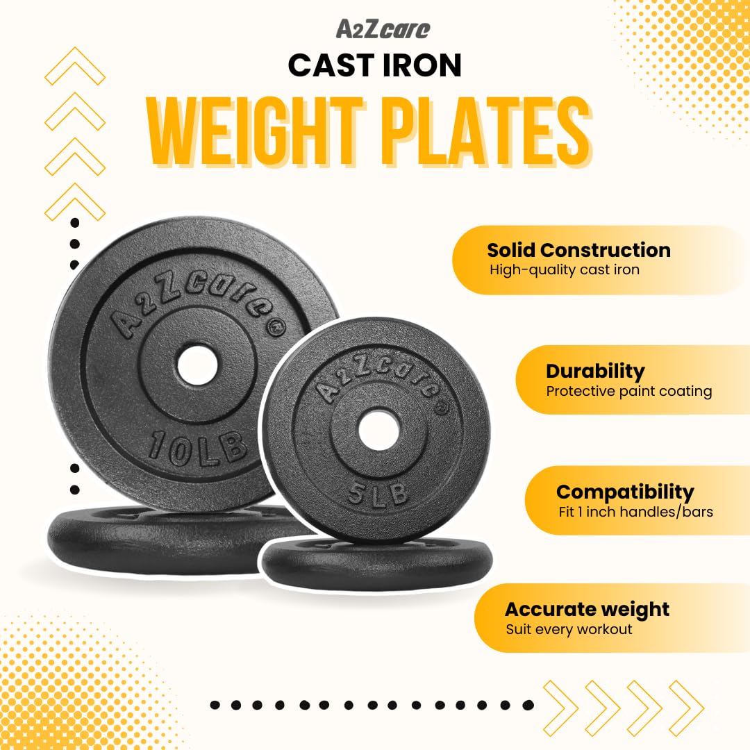 A2ZCARE 1 Inch Standard Weight Plates Set (1.25-15 lbs) - Cast Iron Dumbbell & Barbell Plates for Home Gym, Strength Training, and Fitness Workouts