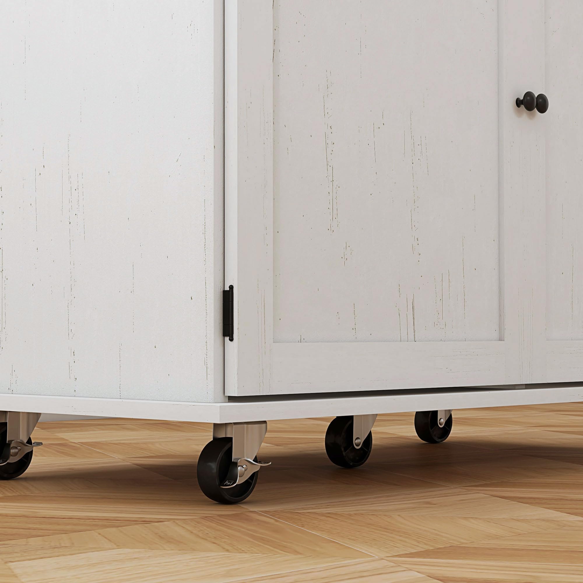 Farmhouse Style Rolling Kitchen Island Cart with Storage - White Distressed Rubberwood Top, 2 Cabinets, Drawer & Spice Rack | Mobile Kitchen Organizer with Towel Racks & Hooks for Small Spaces, Apartment Cooking & Dining Room Serving