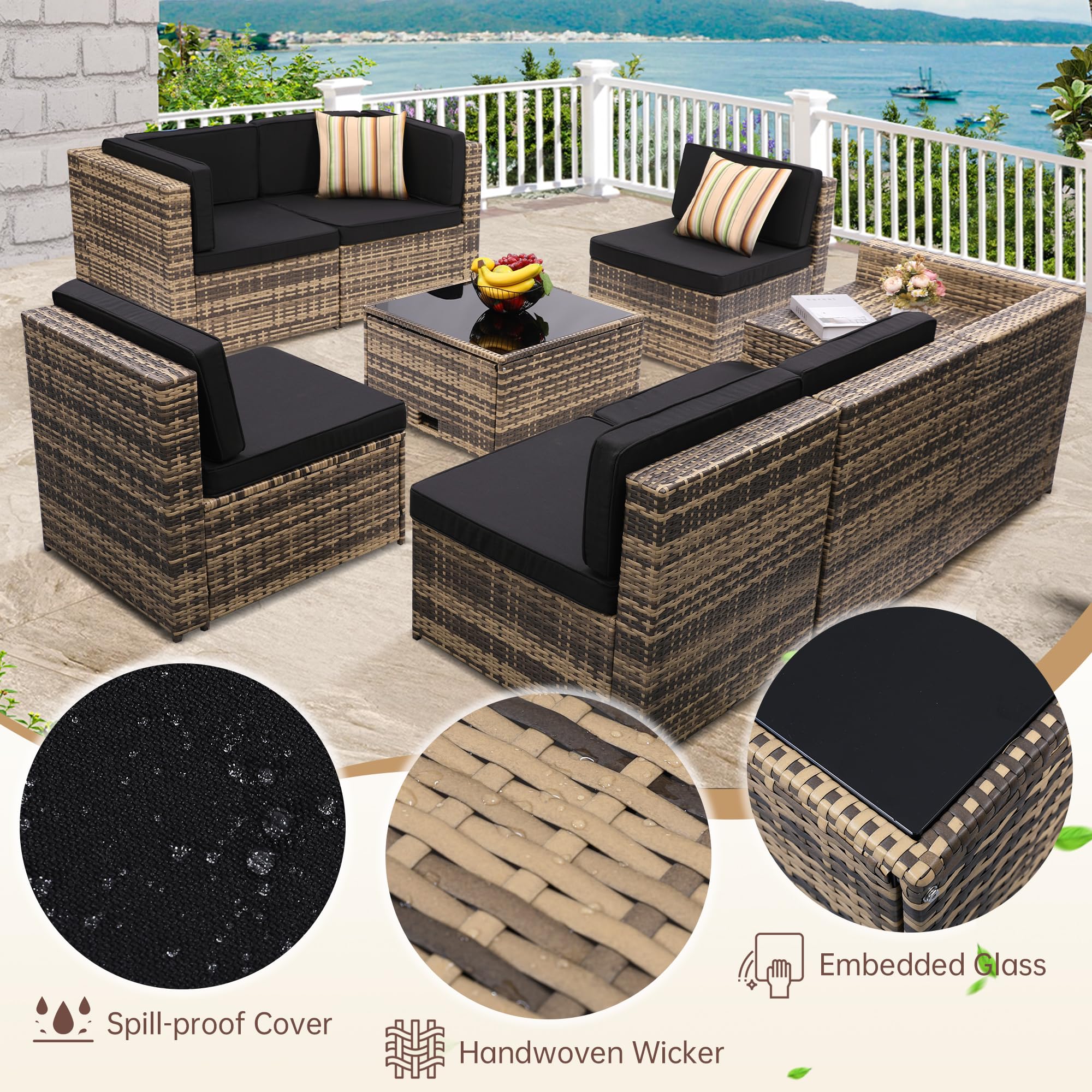 8-Piece Outdoor Wicker Patio Furniture Sectional Set with Glass Top Table & Hidden Storage - 7 Seating Components, Natural Rattan with Black Overstuffed Cushions - Perfect for Backyard, Garden, Poolside & Outdoor Lounge Areas
