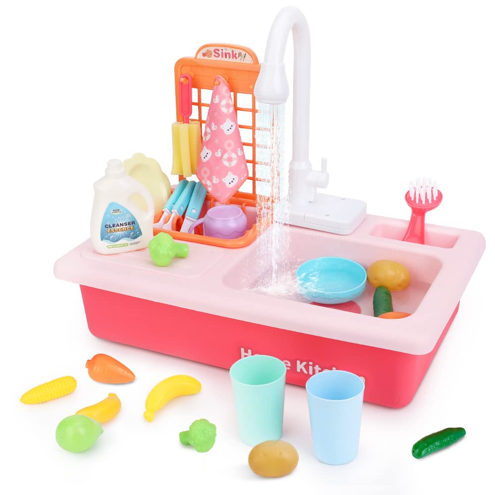 BOBXIN Kids Pretend Play Kitchen Sink with Running Water - Electric Dishwasher Toy Set with Upgraded Working Faucet & Dishes - Role Play Kitchen Water Toys for Toddlers & Preschoolers (Perfect for Birthday Gifts & Indoor Pretend Play)