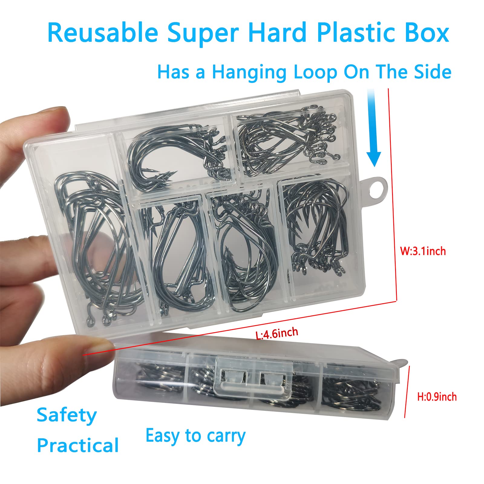 110pcs Bass Fishing Worm Hooks - 6 Sizes (#1, 1/0, 2/0, 3/0, 4/0, 5/0) High Carbon Steel Freshwater Hooks with Portable Plastic Box - Perfect for Largemouth Bass, Smallmouth Bass & Panfish Fishing in Lakes & Rivers
