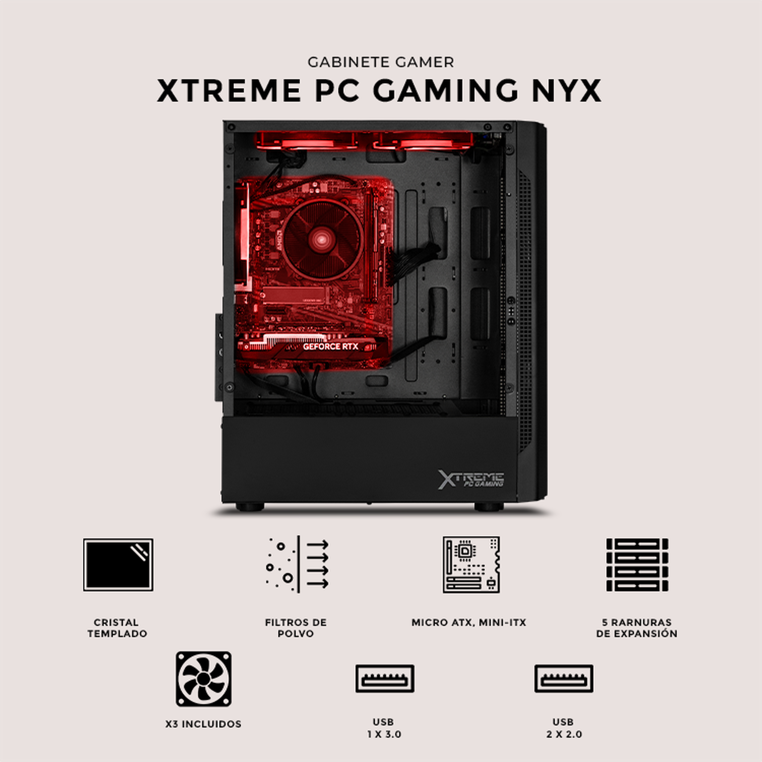 XTREME Gaming PC Case - NYX Mini Tower Micro ATX with 3 RGB Fans & Tempered Glass - Black | Perfect for Compact Gaming Setups & Streaming Battlestations