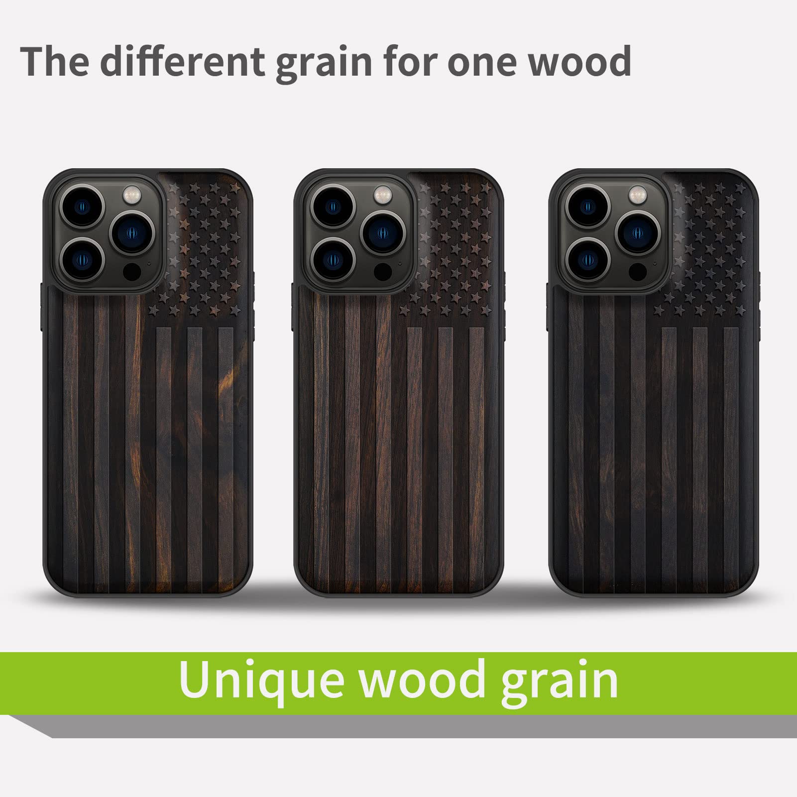 Carveit Magnetic Wood Case for iPhone 13 Pro - Hard Real Wood & Soft TPU Hybrid Protective Cover - Shockproof, Slim & Stylish - MagSafe Compatible - American Flag Blackwood Design - Perfect for Outdoor, Office & Everyday Use