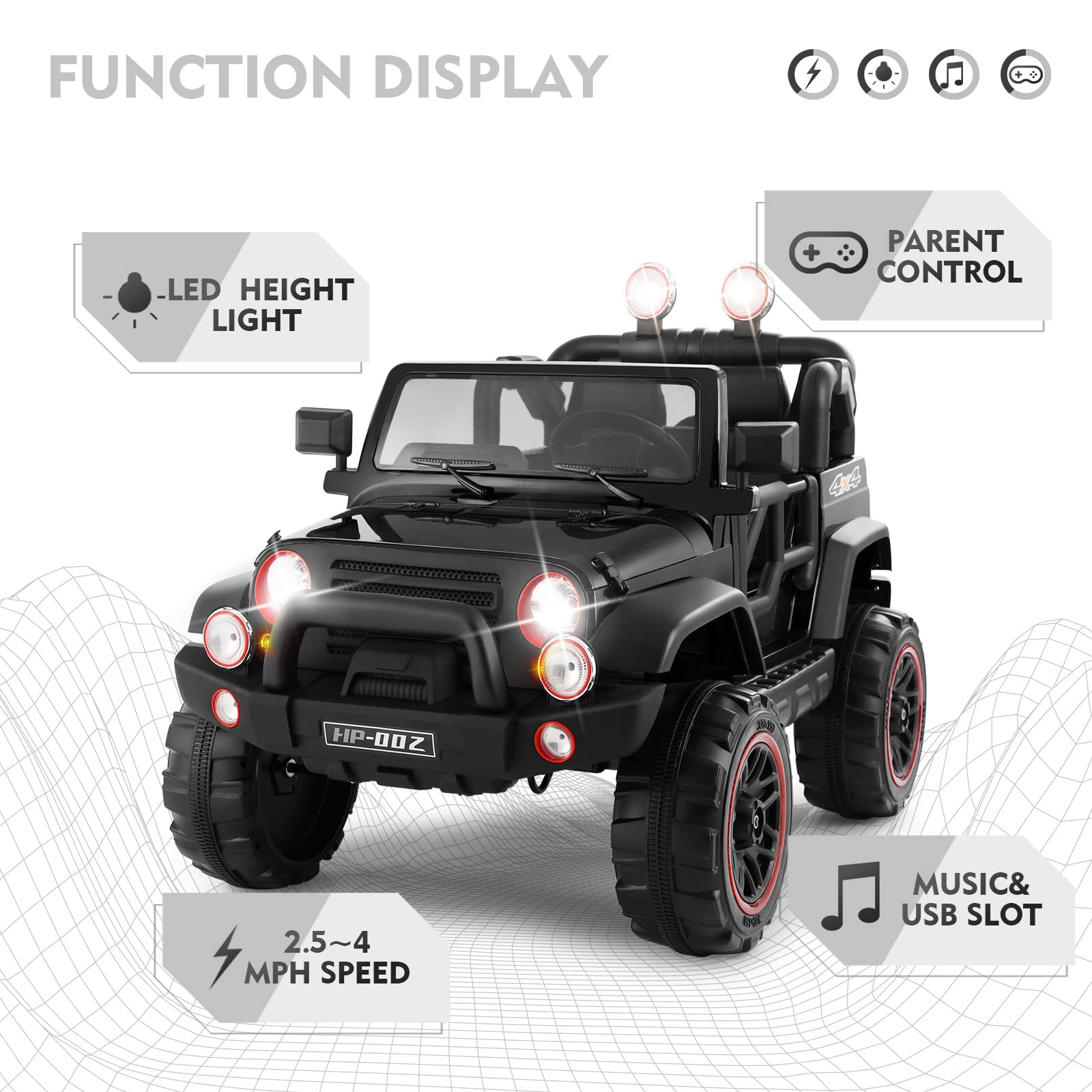 12V7AH Kids Electric Ride-On Truck with Parental Remote Control - 2-Seater Children's Car with Music, LED Lights & Spring Suspension - Perfect for Outdoor Play & Backyard Fun (Black)