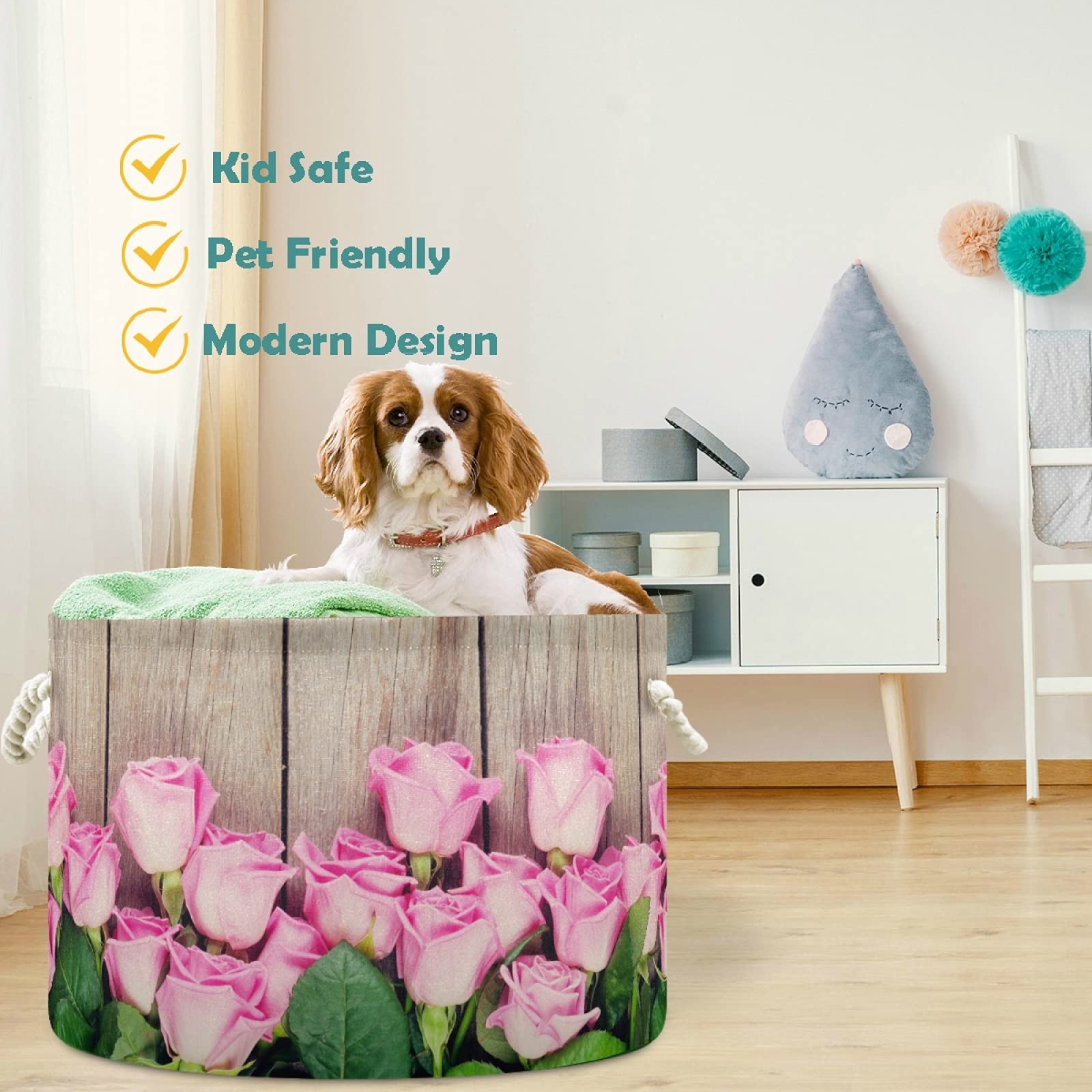 Visesunny Pink Rose Wooden Pattern Collapsible Laundry Basket - Fabric Storage Bin for Clothes, Toys & Organizing - Perfect for Bathroom, Bedroom, Nursery, Closet & Office - Space-Saving Home Decor Solution