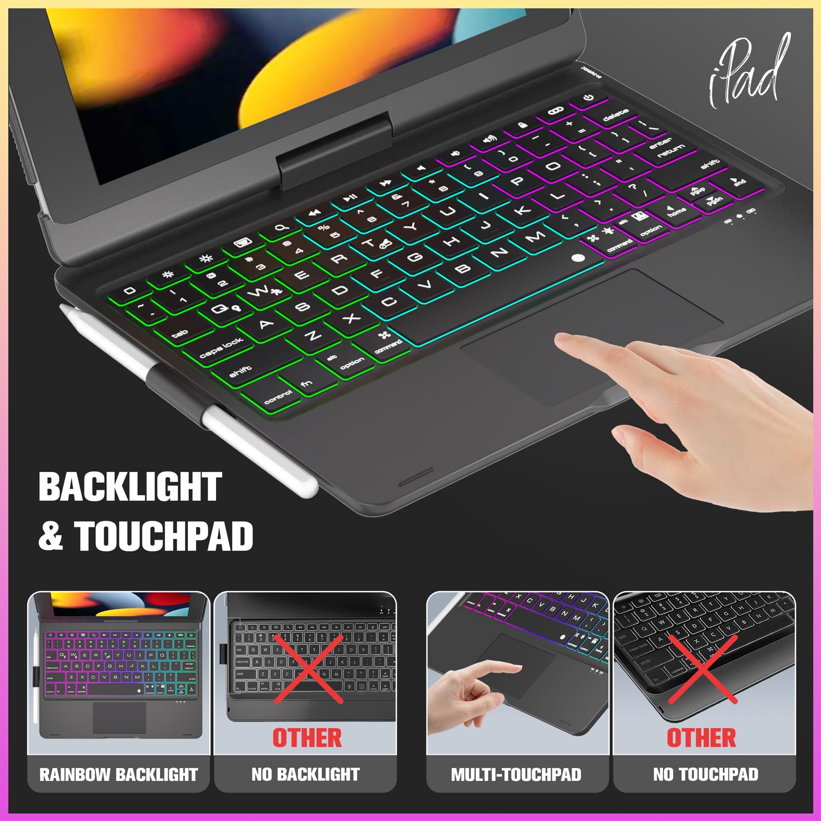 NOKBABO iPad 9th Generation Case with Keyboard - 360° Rotatable Touchpad, 7-Color Backlight & Pencil Holder for iPad 9th/8th/7th Gen 10.2