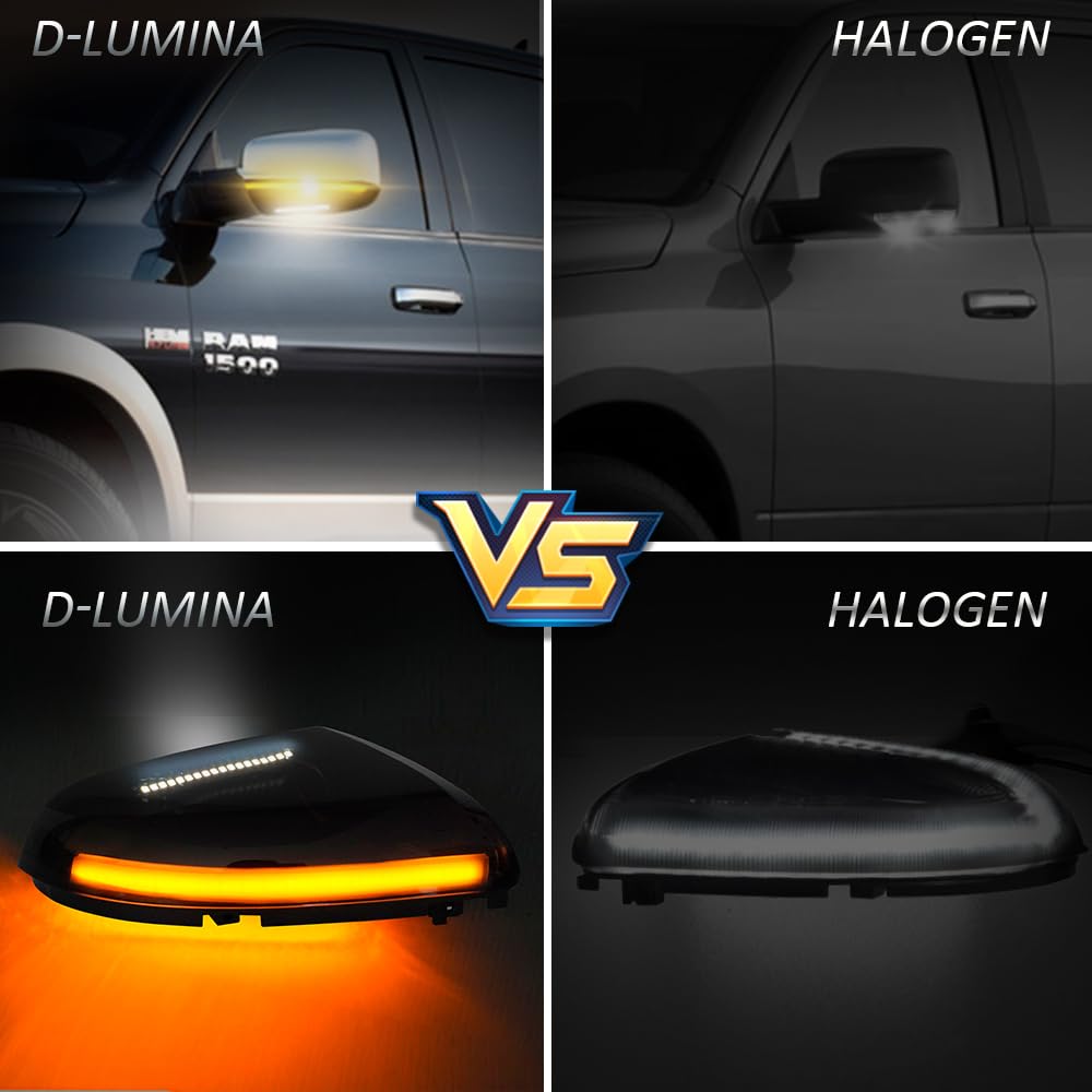 D-Lumina Sequential LED Side Mirror Turn Signal Lights with Smoked Lens & Puddle Light - Compatible with Dodge Ram 1500 (2009-2018), Ram 2500/3500 (2010-2018) - Dynamic Indicator Strip Mirror Marker Lamp - Pack of 2 - Enhanced Night Visibility & Safety for Off-Road Driving