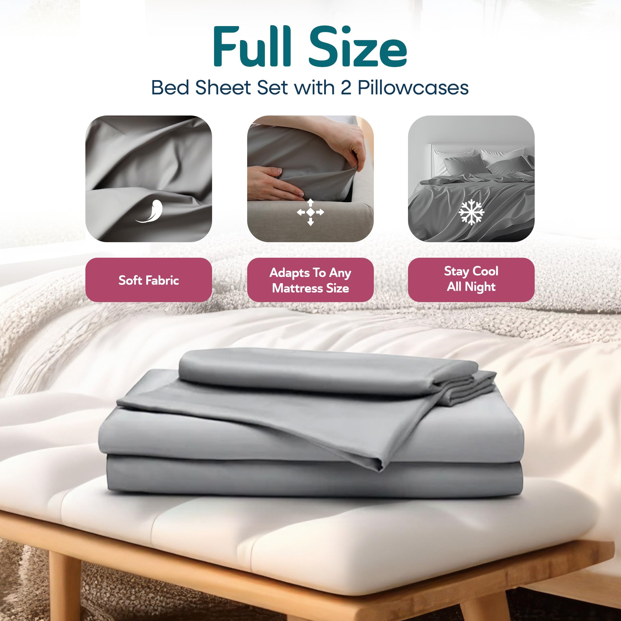 Sleepgram Viscose Fiber Full Size Bed Sheet Set - Soft Cooling Bedding with Flat Sheet, Fitted Sheet & 2 Pillowcases - Breathable Grey Stone Sheets for All-Season Comfort - Perfect for Master Bedroom, Guest Room or Dorm