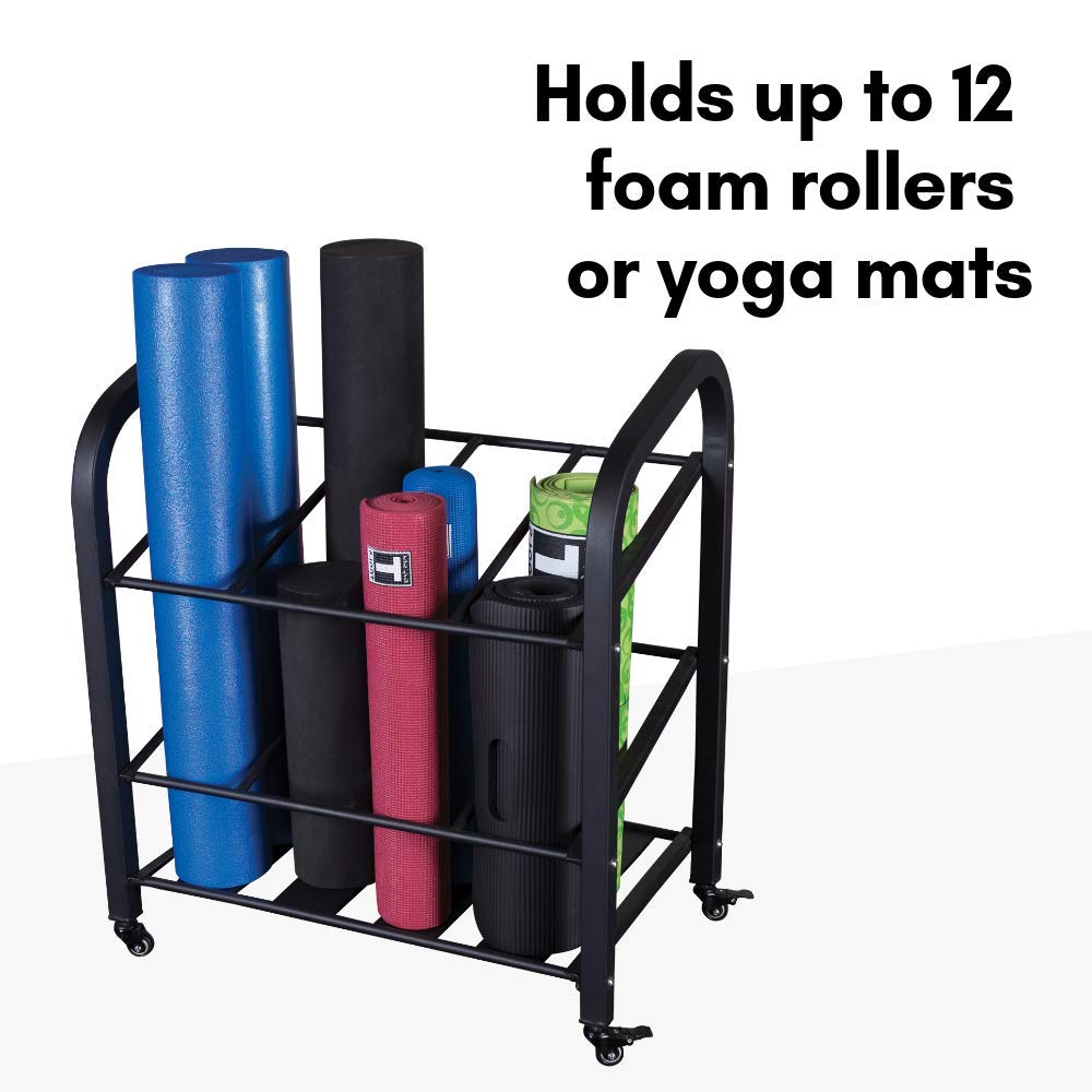 Body-Solid GYR500 Foam Roller Storage Organizer & Yoga Mat Rack Holder with Lockable Wheels - Holds 12 Fitness Rollers & Mats - Perfect for Home Gym, Yoga Studio & Commercial Use - Space-Saving Storage Solution for Fitness Equipment