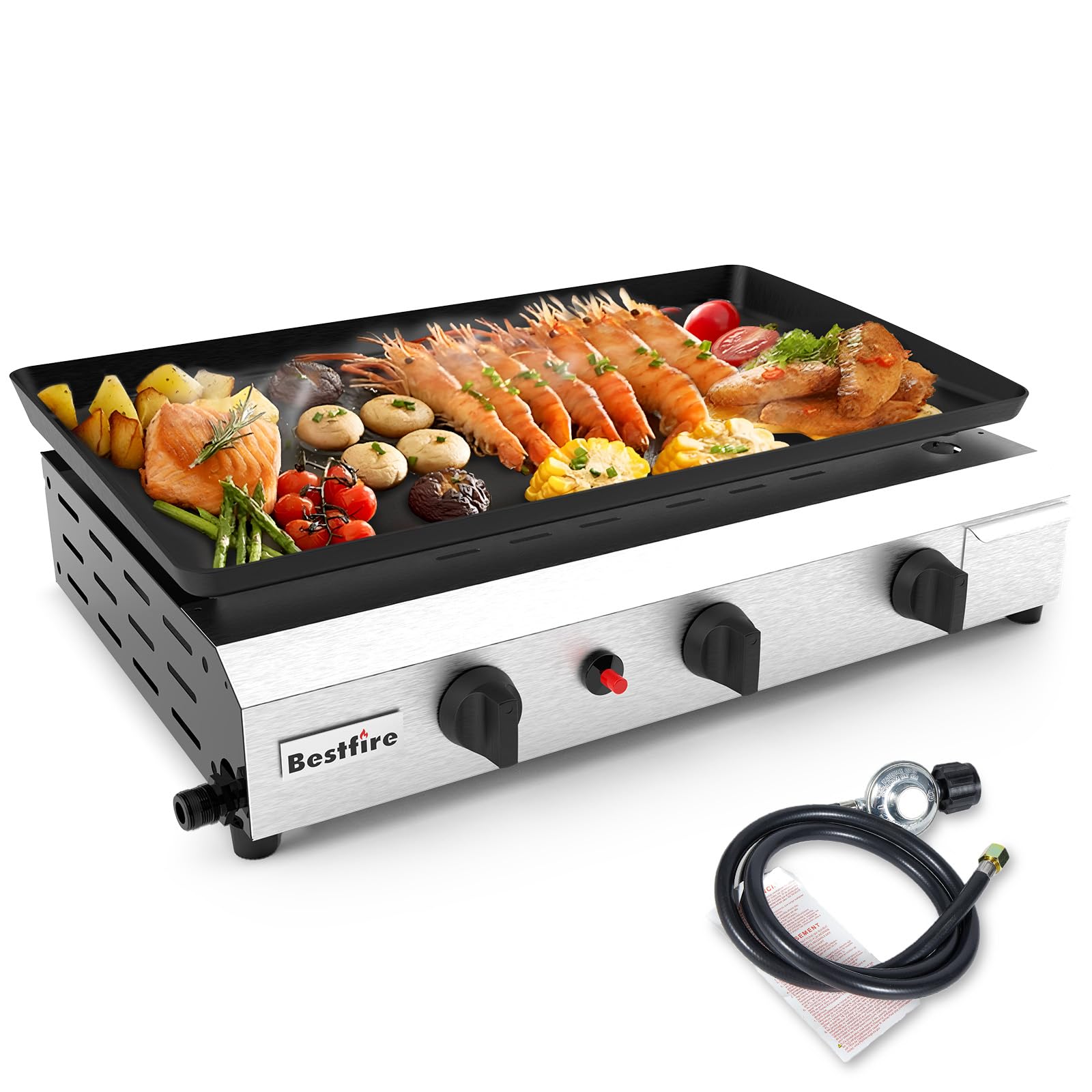 BESTFIRE 23-Inch Flat Top Grill with 3 Burners - 30,000 BTU Portable Propane Gas Griddle - Detachable Stainless Steel Outdoor Cooking Station for Backyard, Camping & Tailgating Parties