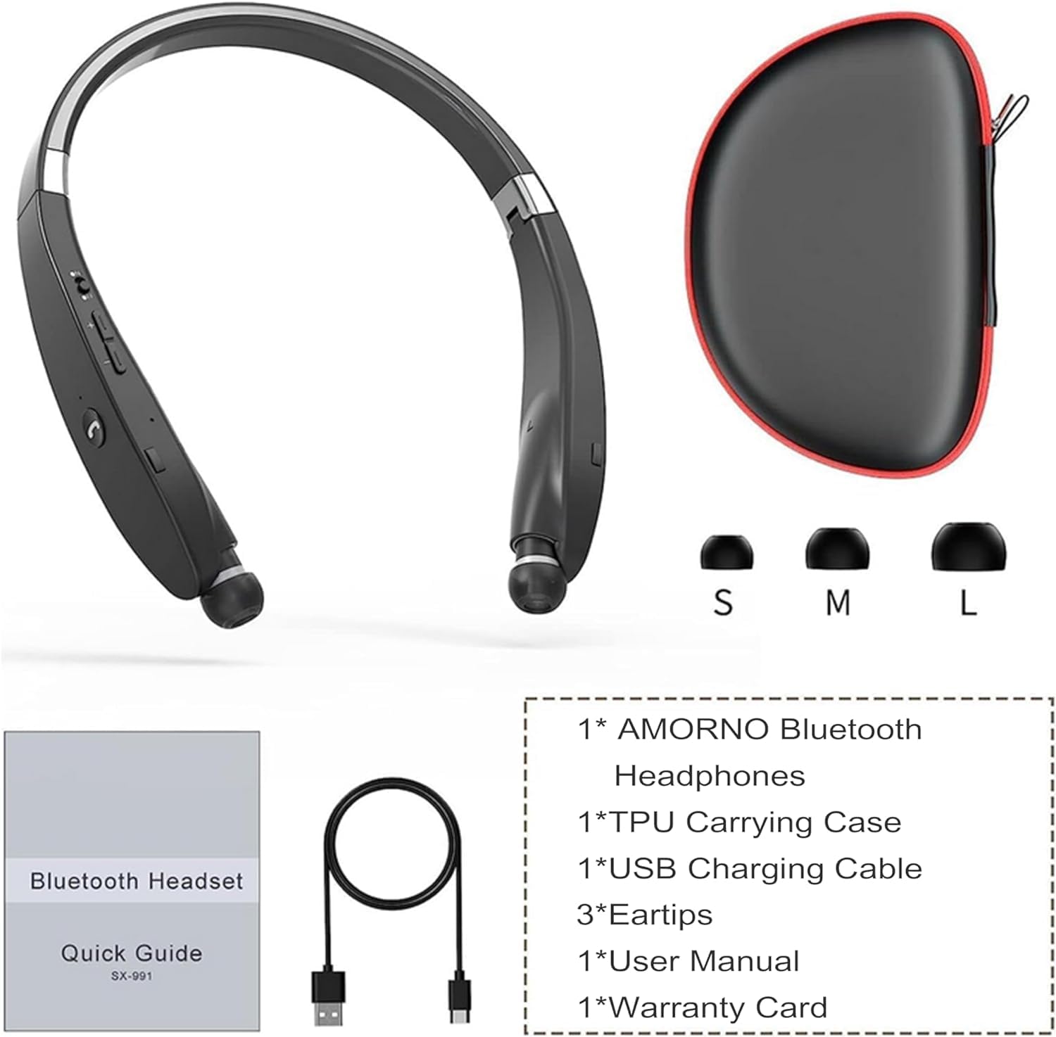AMORNO Foldable Bluetooth Headphones Wireless Neckband Headset with Retractable Earbuds - Sweatproof Noise Cancelling Stereo Earphones with Mic for Running, Workout & Travel | Comfortable for Gym, Commuting & Outdoor Activities